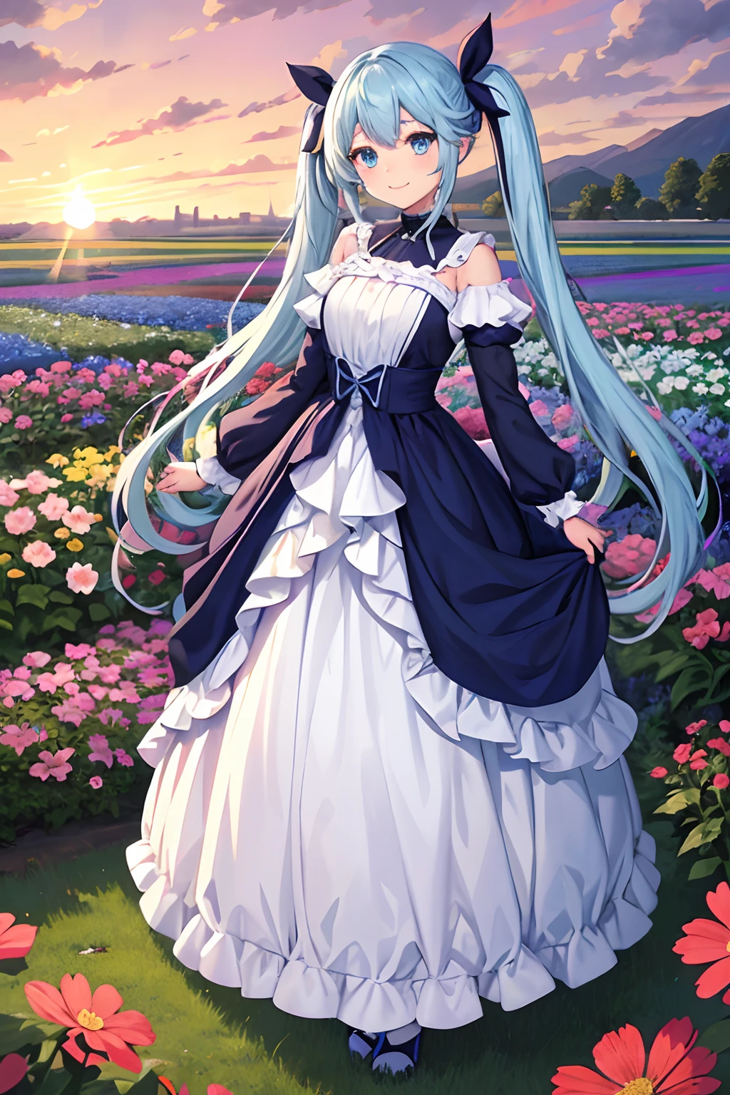 ​masterpiece:1.2、hightquality、top-quality、hight resolution、detaileds、A hyper-realistic、1girl in、long hair with light blue twin tails,,,,,,,,,,、Beautiful blue eyes、Standing in a flower garden、colorful outfit、Sunset landscape、full body Esbian、rainbows、Lovely smile、Cosmos flower、(A detailed face)、((foco nítido))、