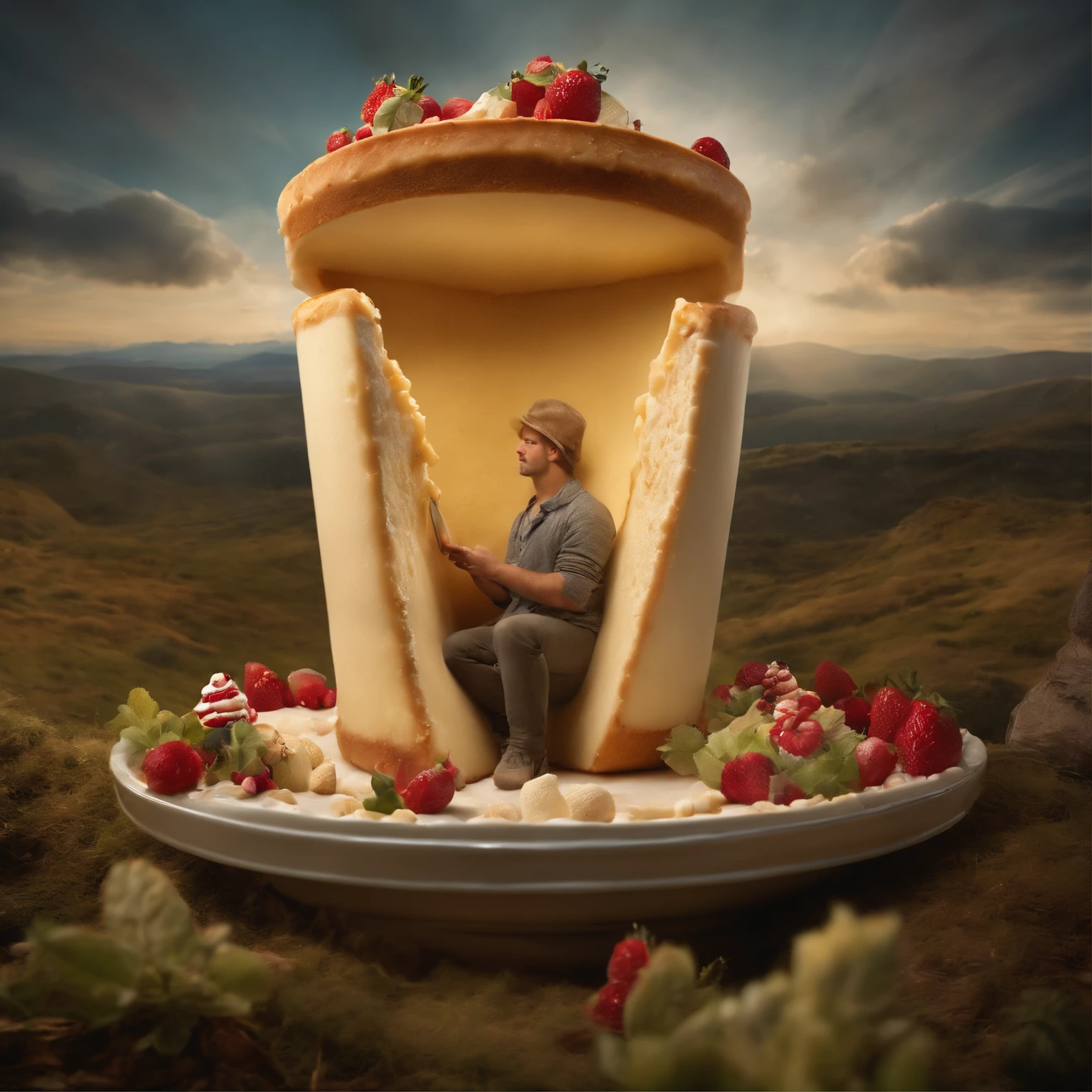 a character sitting inside a giant cheesecake cup. The composition showcases miniature edible props and whimsical decorations surrounding the character, creating a surreal and whimsical scene. The use of lighting and perspective adds depth and visual interest to the image, evoking a sense of wonder and enchantment. Renowned surreal photographer Erik Johansson skillfully captures the magical atmosphere of this whimsical interaction in this visually stunning image, tmasterpiece, Best quality,UHD