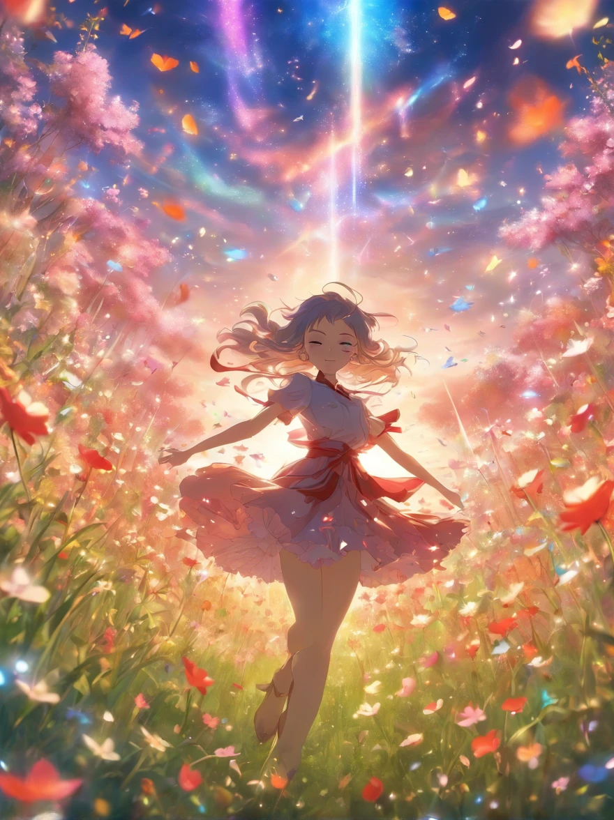Meadow with dancing petals、appearance々Beautiful flowers、amazing landscape、realistic、a picture、Masterpiece、light Shafts、Fantastical、tre anatomically correct