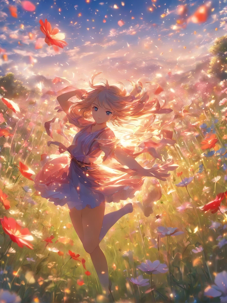 Meadow with dancing petals、appearance々Beautiful flowers、amazing landscape、realistic、a picture、Masterpiece、light Shafts、Fantastical、tre anatomically correct