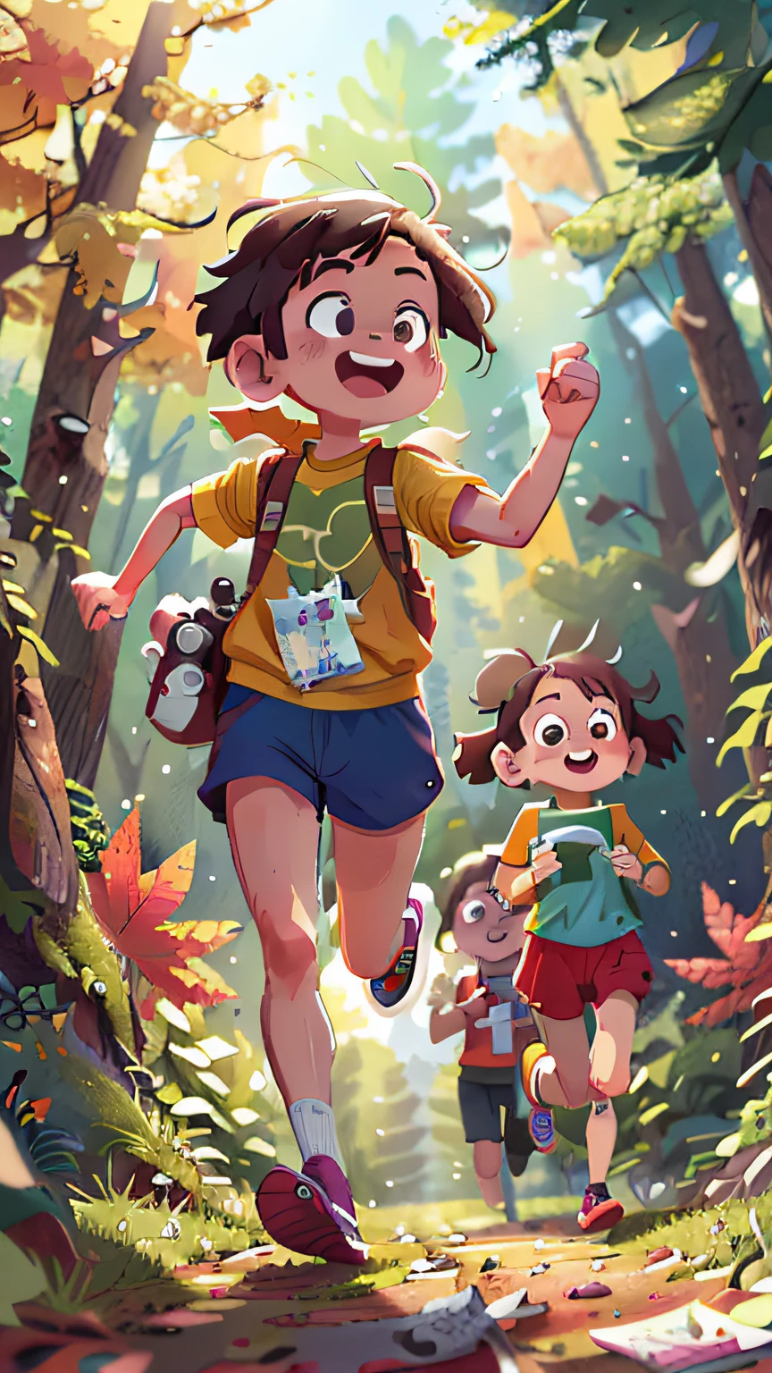 (sfw)，Two running college students，run，The background is a mountain forest，ln the forest，Autumn tour，Holding a camera，cheerfulness，rejoice，Perfect quality，Clear focus，extremely colorful，s the perfect face，Complicated details，ultra-low perspective，wide wide shot --v 6