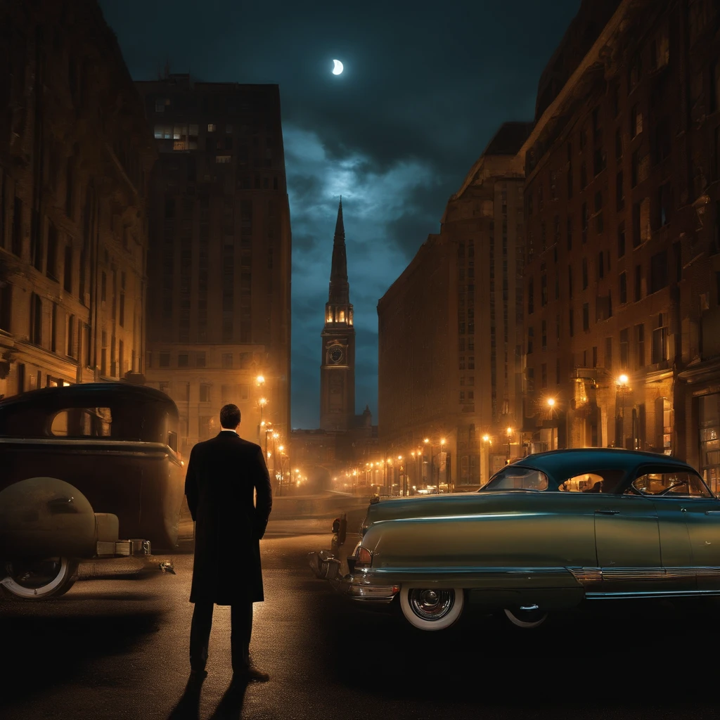 Blur city night view, The light of the car, Flickering buildings, The city's demolition, And the moon rising in the distance forms the background. One man stands with his back turned. The stars shining above the man shine softly. Under the man's feet, a broken clock and an hourglass are visible. The overall color is vintage and warm
