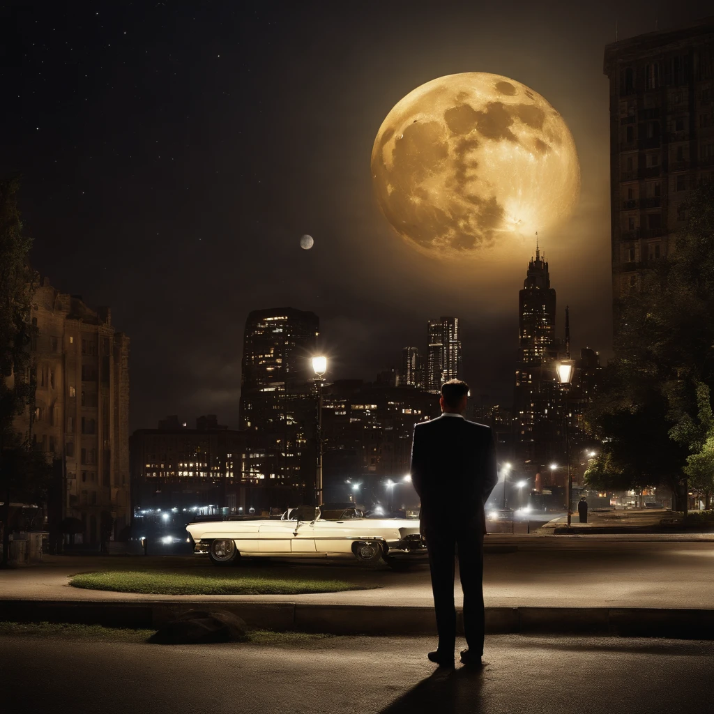 Blur city night view, The light of the car, Flickering buildings, The city's demolition, And the moon rising in the distance forms the background. One man stands with his back turned. The stars shining above the man shine softly. Under the man's feet, a broken clock and an hourglass are visible. The overall color is vintage and warm