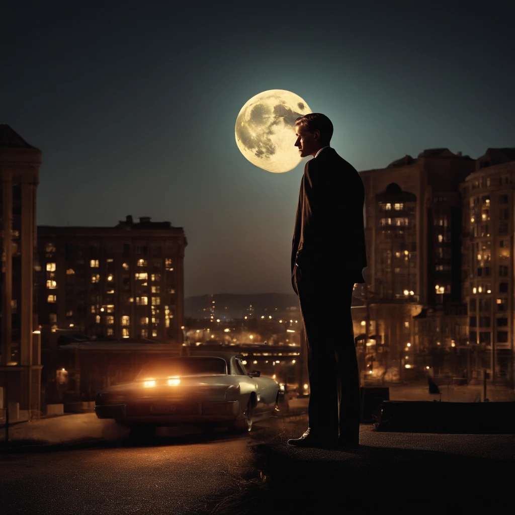 Blur city night view, The light of the car, Flickering buildings, The city's demolition, And the moon rising in the distance forms the background. One man stands with his back turned. The stars shining above the man shine softly. Under the man's feet, a broken clock and an hourglass are visible. The overall color is vintage and warm