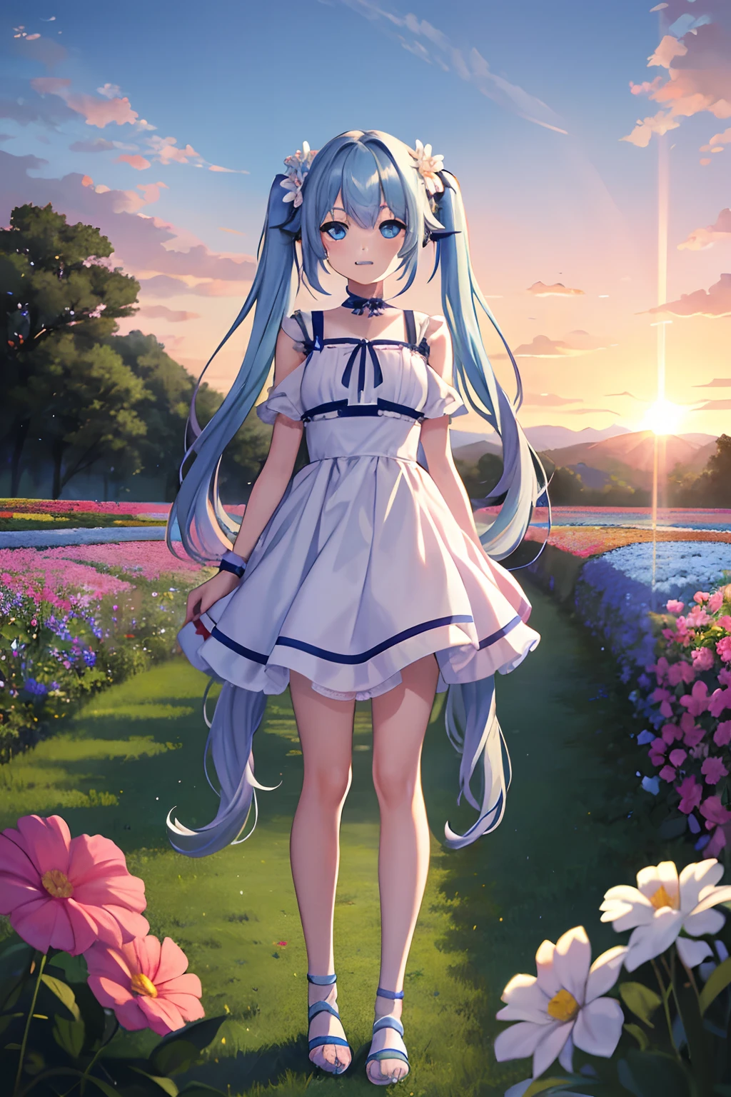 ​masterpiece:1.2、hightquality、top-quality、hight resolution、detaileds、A hyper-realistic、1girl in、long hair with light blue twin tails,,,,,,,,,,、Beautiful blue eyes、Standing in a flower garden、colorful outfit、Sunset landscape、full body Esbian、rainbows、Lovely smile、Cosmos flower、(A detailed face)、((foco nítido))、