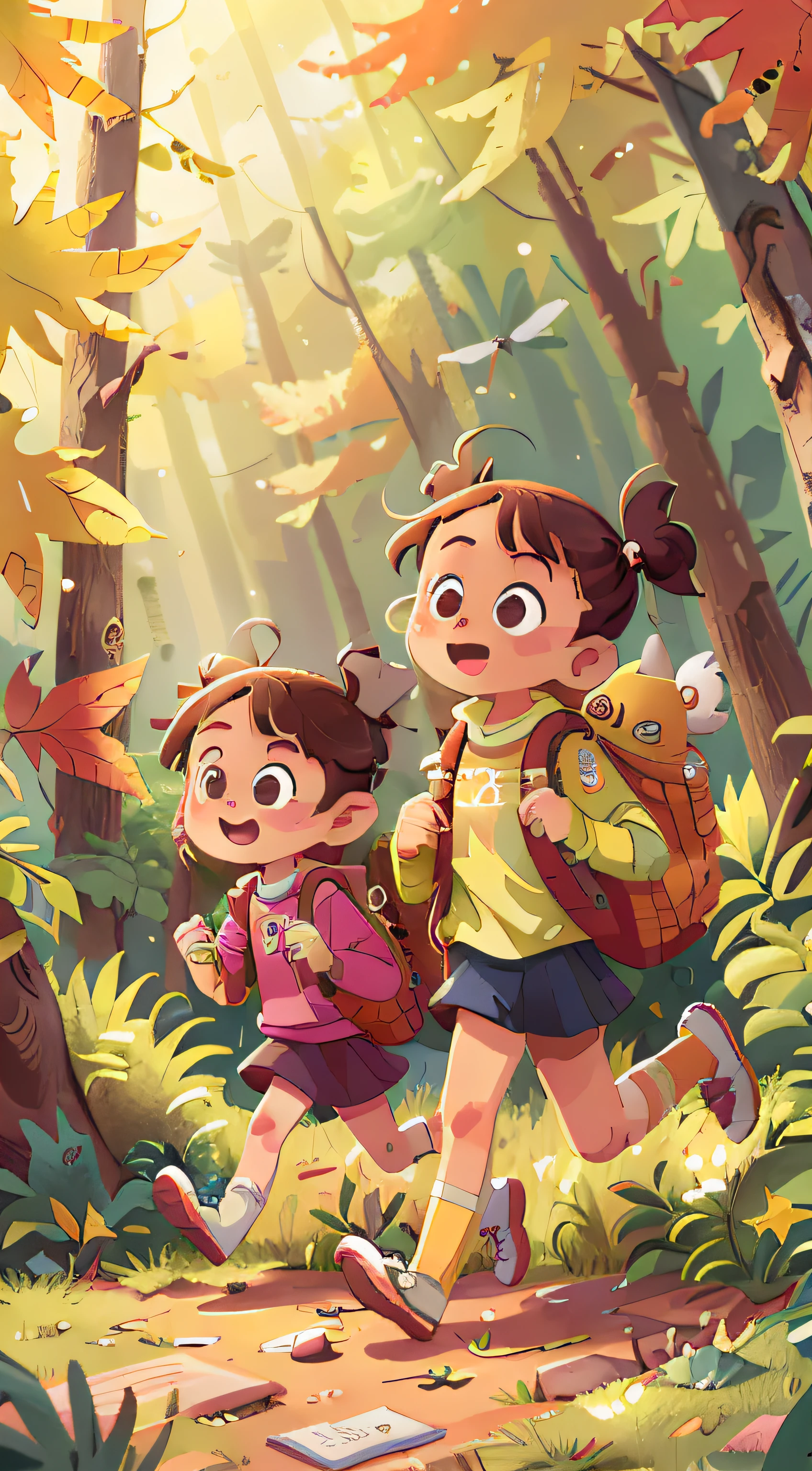 (sfw)，Two running girls，high school senior，Autumn tour，cheerfulness，Carrying a rucksack，The kind of car toy in hand，The background is forest，Perfect quality，Clear focus，extremely colorful，s the perfect face，Complicated details，ultra-low perspective，wide wide shot