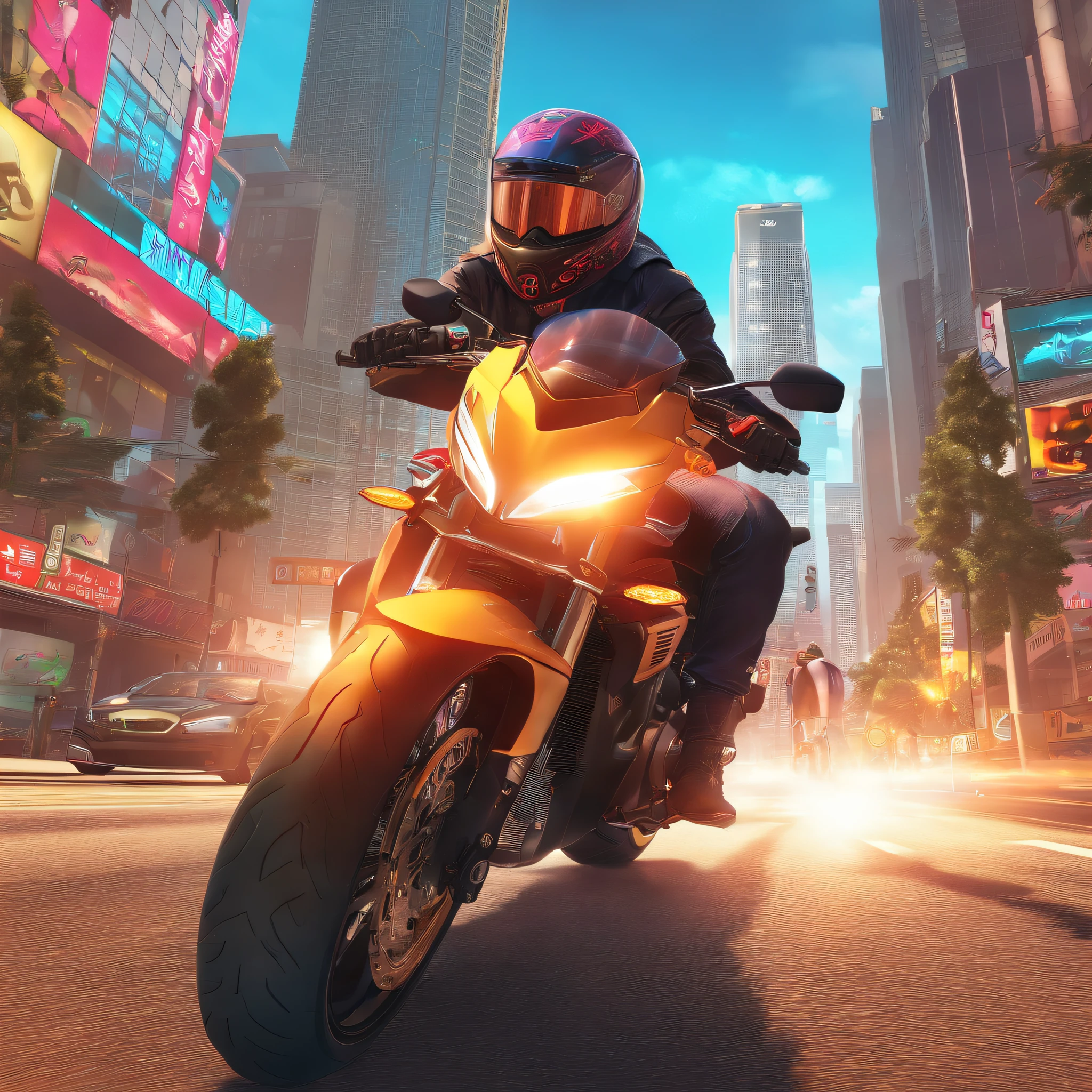 (best quality,4k,8k,highres,masterpiece:1.2),ultra-detailed,(realistic,photorealistic,photo-realistic:1.37),artwork, glassmorphism, motorcycles rider, full-face helmet, road biking, city background, reflections, vibrant colors, dynamic lighting, urban scenery, stylish composition, speed and motion effects, detailed motorcycle engine, futuristic atmosphere, sleek and shiny surfaces, architectural elements, busy streets, high-rise buildings, bustling city life