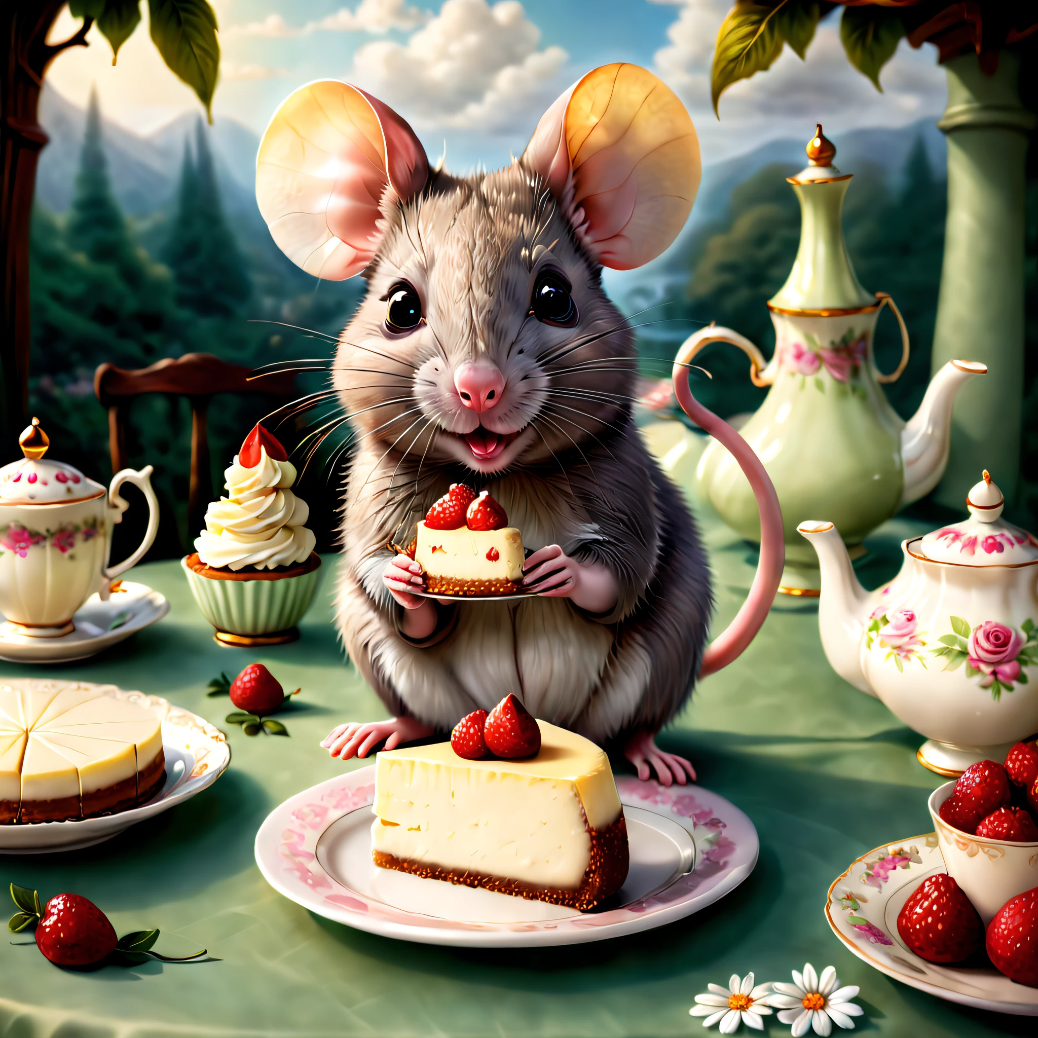 "Cheesecake Chronicles: The Rat's Delight" - A charming illustration showcasing an adorable rat joyfully holding a luscious, irresistible slice of cheesecake in a quaint tea party setting.