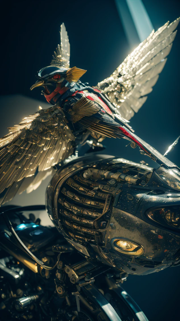 Mechanical Bird Space Station 1:3 Models，mid day，Cyberpunk art of a，Rembrandt light，Detail portrayal，macro shot，surface reflection，high definition detail，Dingdall effect，Light and shadow intensification，The light shines，particle fx，3D modeling，Surface reflected light，detail-rich，The texture is delicate，Strong visual impact，Hyper-detailing，A high resolution，high saturated，Ray traching，Light and shadow effects，16K smooth，High resolution a mechanical bird, the detail