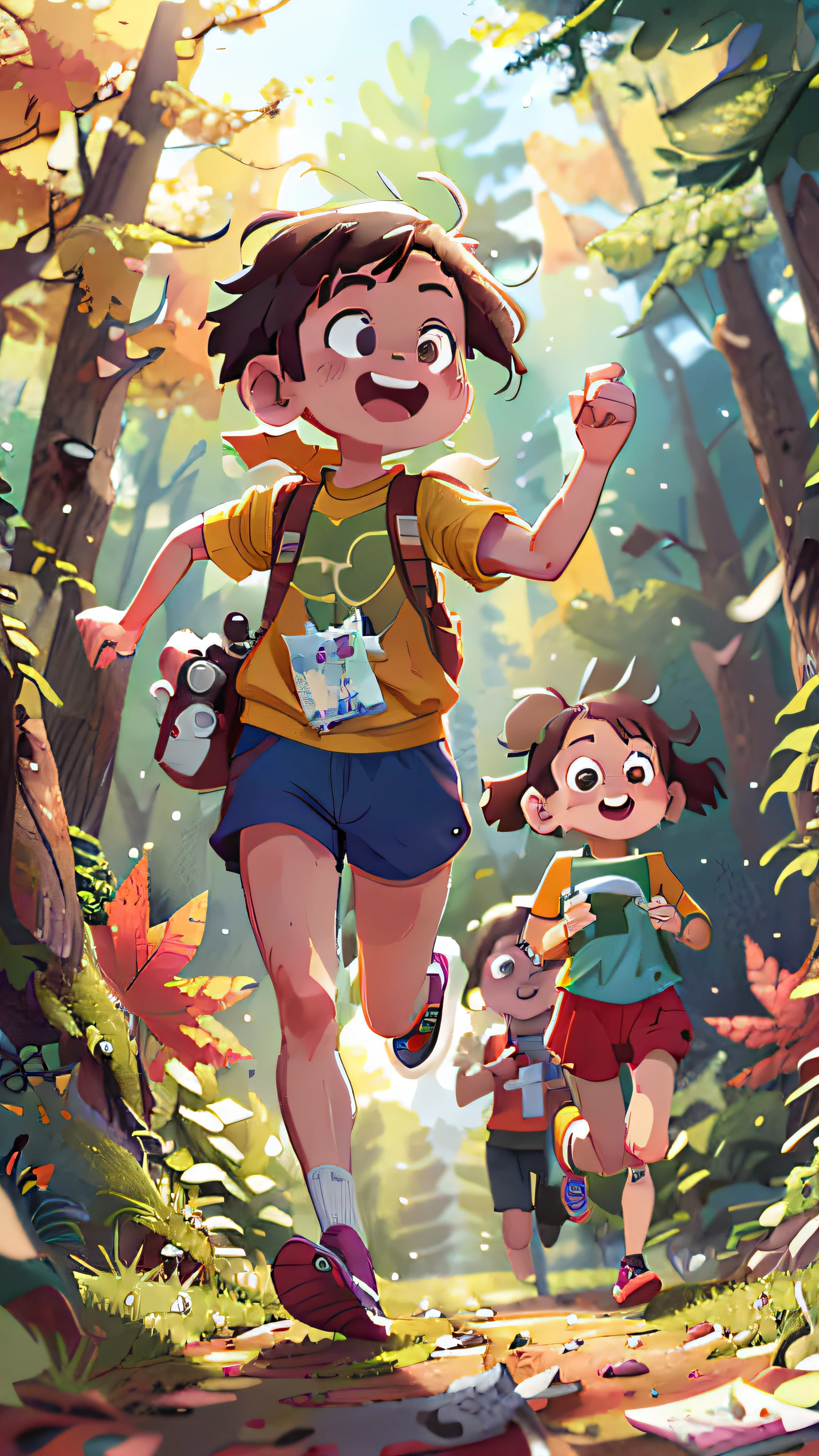 (sfw),Two running college students,run,The background is a mountain forest,ln the forest,Autumn tour,Holding a camera,cheerfulness,rejoice,Perfect quality,Clear focus,extremely colorful,s the perfect face,Complicated details,ultra-low perspective,wide wide shot --v 6