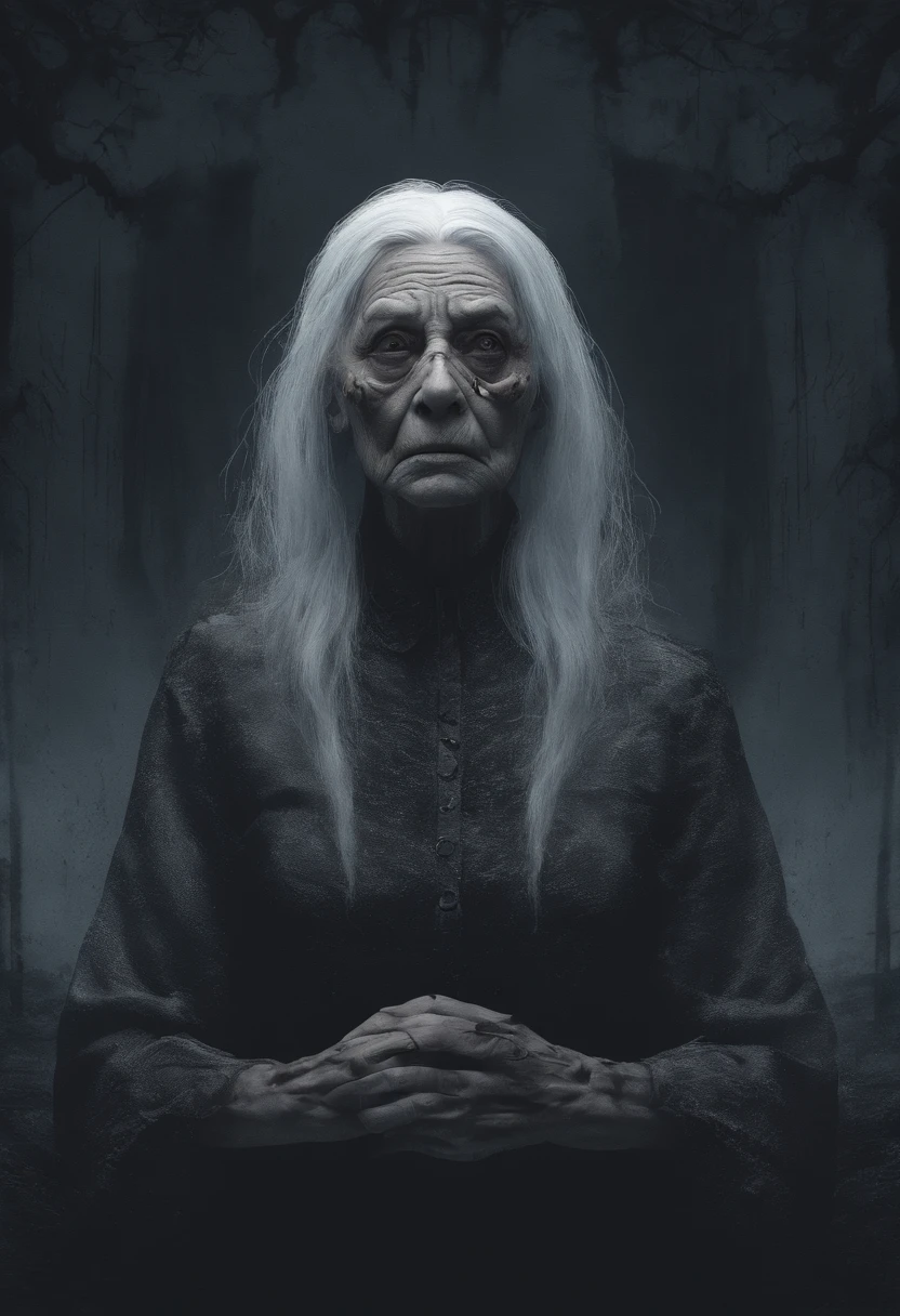make some 4K animation character, she's a grandma with white hair, around 60 years old, not to really creepy face and mysterious background vibes