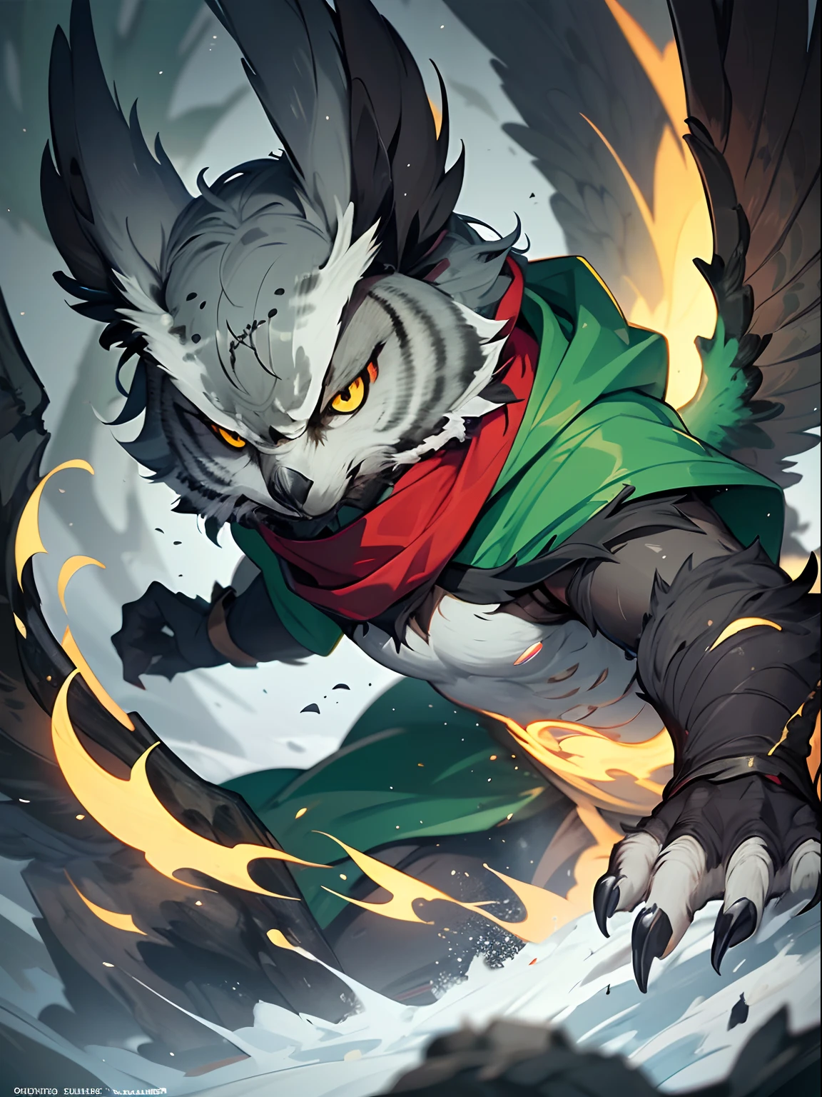 (Best quality,4K,8K,A high resolution,Masterpiece:1.2),Ultra-detailed,Realistic,Photorealistic:1.37, owl,Rogue appearance,Red scarf,daggers,Bright yellow eyes,Dark and mysterious,nighttime scene,Forest background,Dappled moonlight,Sharp shadows,Ethereal atmosphere,Silent movements,feathers fluttering,Menacing presence,Fierce gaze,Feathery wings,Stylish and agile,Incognito,Silver moonshine,Aura of danger,shimmering blade,Fast and precise movements,intense focus,Ominous resonance,Ominous silence,majestic creature,Puncture intelligence,Charming forest background,Golden moonlight eyes, Anthropomorphic owl:1.5, Male:1.2, Dark green cloak