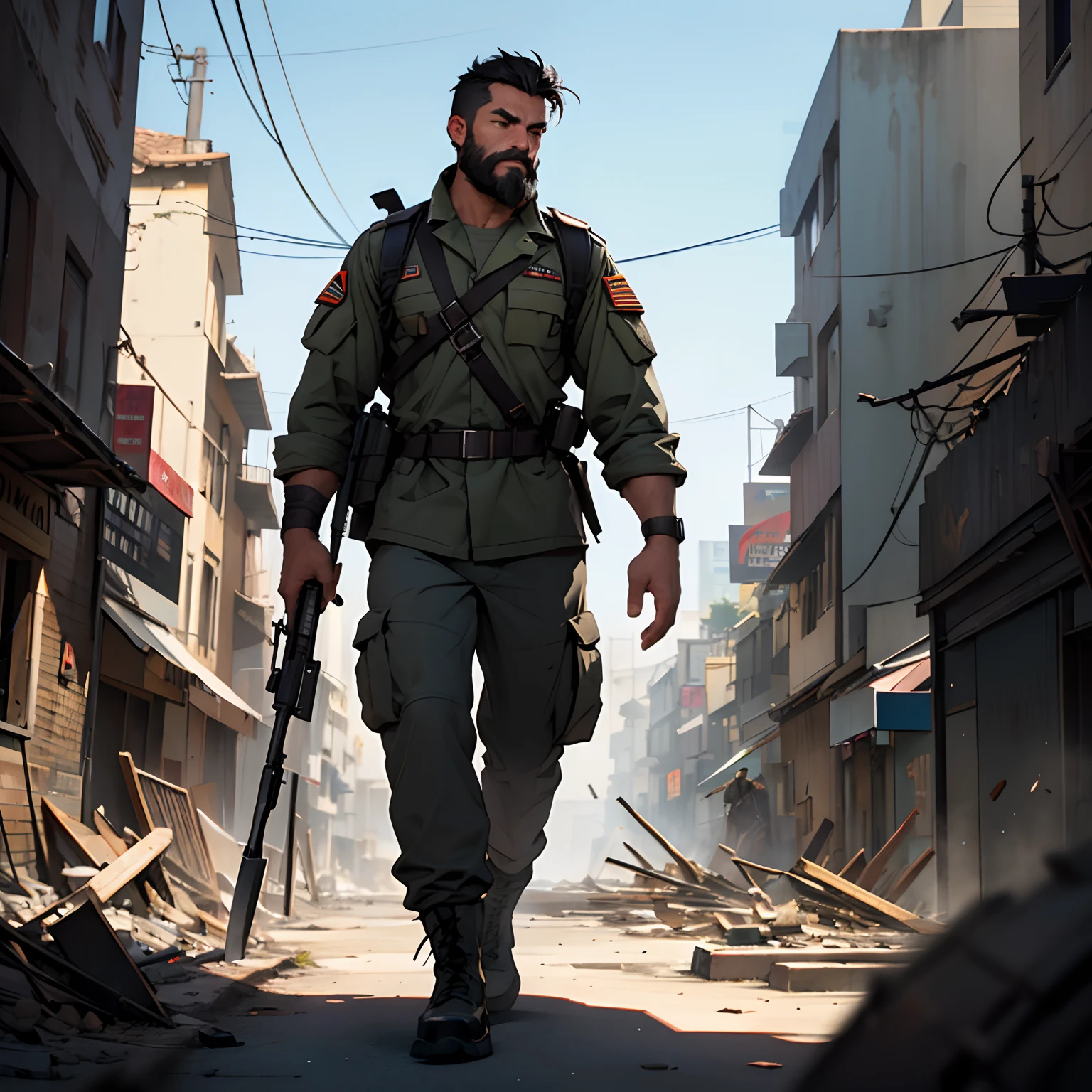 Close up view, front view, soldier (short black hair, beard) holding weapon, rifle, military clothing, focus away, walking with other soldiers, destroyed city center, destroyed buildings, high resolution, best quality, cinematic lighting, realistic details, Sharp focus