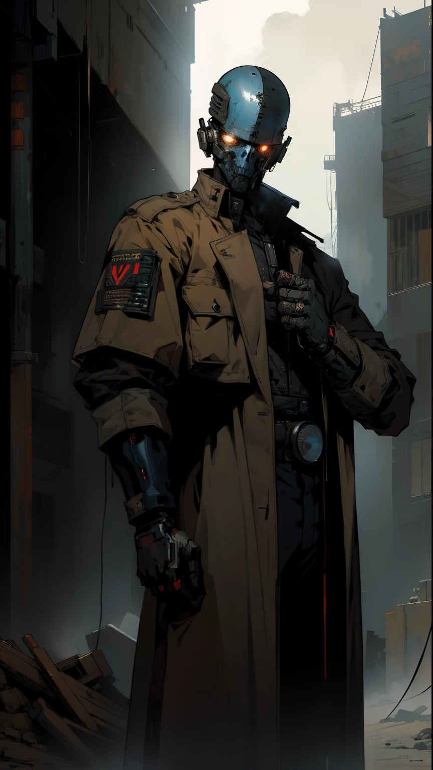 derpd, lethal cyborg wearing a trench coat, SCI-FI, male, bounty hunter, danger, military, dark,