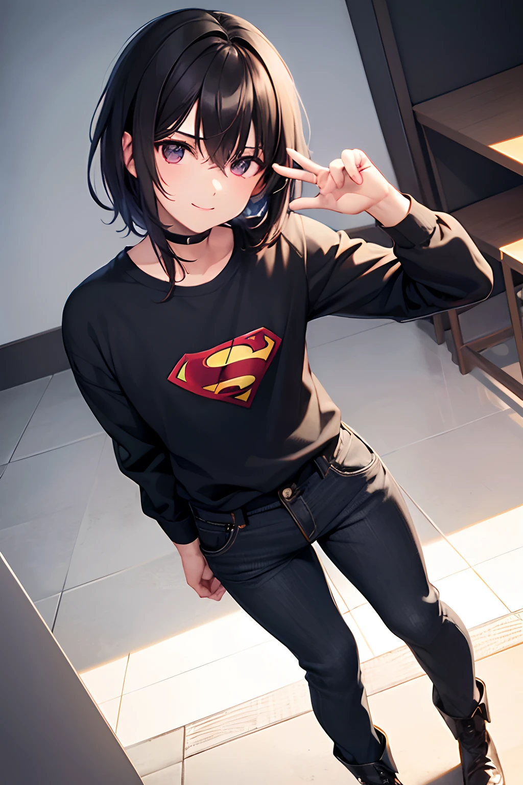 1boys, Cabello negro corto, ojos cafes, musculoso, camisa negra de superman manga corta, pantalones ajustados negros, botas grises, sonriente, pose de pelea