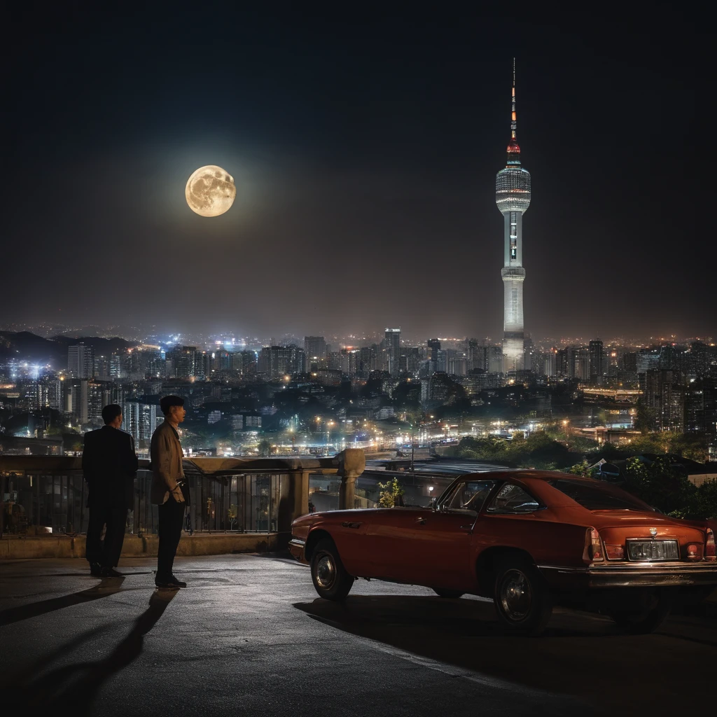 Blurred night view of Seoul city, The light of the car, Flickering buildings, The city's demolition, And the moon rising in the distance forms the background. One man stands with his back turned. The stars shining above the man shine softly. Under the man's feet, a broken clock and an hourglass are visible. The overall color is vintage and warm