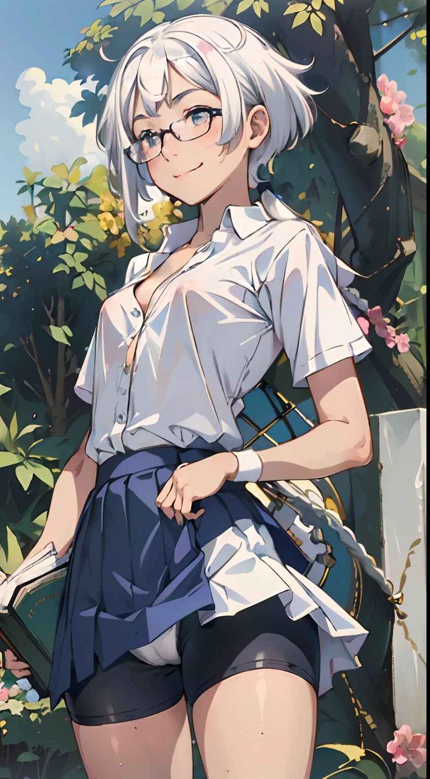 masterpiece, best quality, ultra-detailed, illustration, an extremely delicate and beautiful,high resolution, ultra-detailed,,perfect face,slender perfect body, Tight belly,Toned buttocks,Constricted waist,,(young lady school uniform1.7),(bike shorts under skirt:1.5),(in skyscraper:1.3),,child,glasses,(girl read a book:1.5),(white hair:1.2),(very short hair),(smile),(shirt comes off:1.5),(very long hair), shy daughter, short stature,(large breasts),( sweaty skin:1.2),(front view:1.5)()white bike shorts),(show off bike shorts),(spread legs),(cameltoe:1.2)