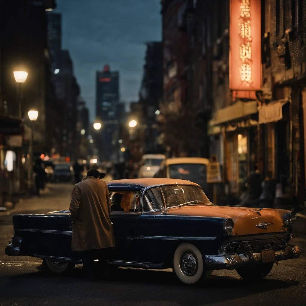 Blurred night view of Seoul city, The light of the car, Flickering buildings, The city's demolition, And the moon rising in the distance forms the background. One man stands with his back turned. The stars shining above the man shine softly. Under the man's feet, a broken clock and an hourglass are visible. The overall color is vintage and warm