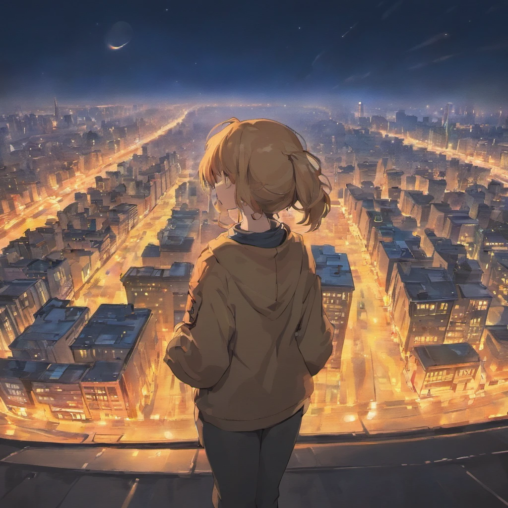 Blurred night view of Seoul city, The light of the car, Flickering buildings, The city's demolition, And the moon rising in the distance forms the background. One man stands with his back turned. The stars shining above the man shine softly. Under the man's feet, a broken clock and an hourglass are visible. The overall color is vintage and warm