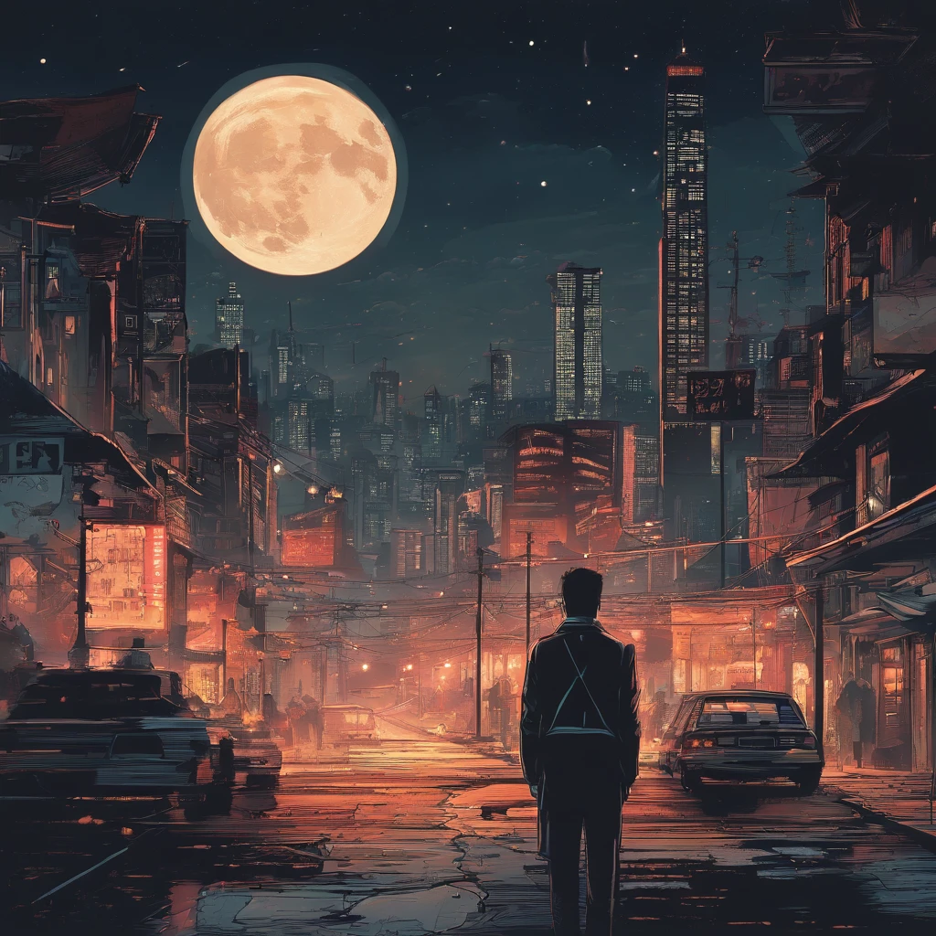 Blurred night view of Seoul city, The light of the car, Flickering buildings, The city's demolition, And the moon rising in the distance forms the background. One man stands with his back turned. The stars shining above the man shine softly. Under the man's feet, a broken clock and an hourglass are visible. The overall color is vintage and warm