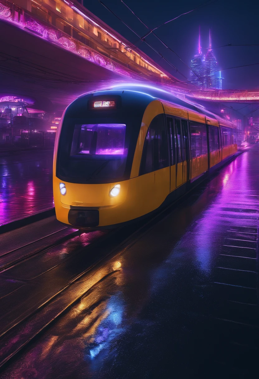 Cyberpunk, night scene, future science fiction city, the sky is blue and purple, there are colorful neon lights in the city, the sky is raining, the water in the road area reflects the neon lights of the city, the light rail passes through the city, the shining neon, the cable car is over the city,best quality, 8k, crazy details, intricate details, super details