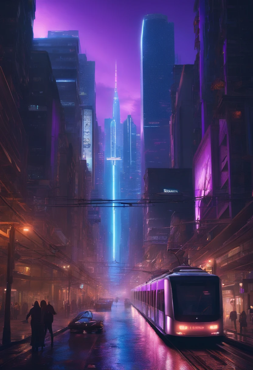 Cyberpunk, night scene, future science fiction city, the sky is blue and purple, there are colorful neon lights in the city, the sky is raining, the water in the road area reflects the neon lights of the city, the light rail passes through the city, the shining neon, the cable car is over the city,best quality, 8k, crazy details, intricate details, super details
