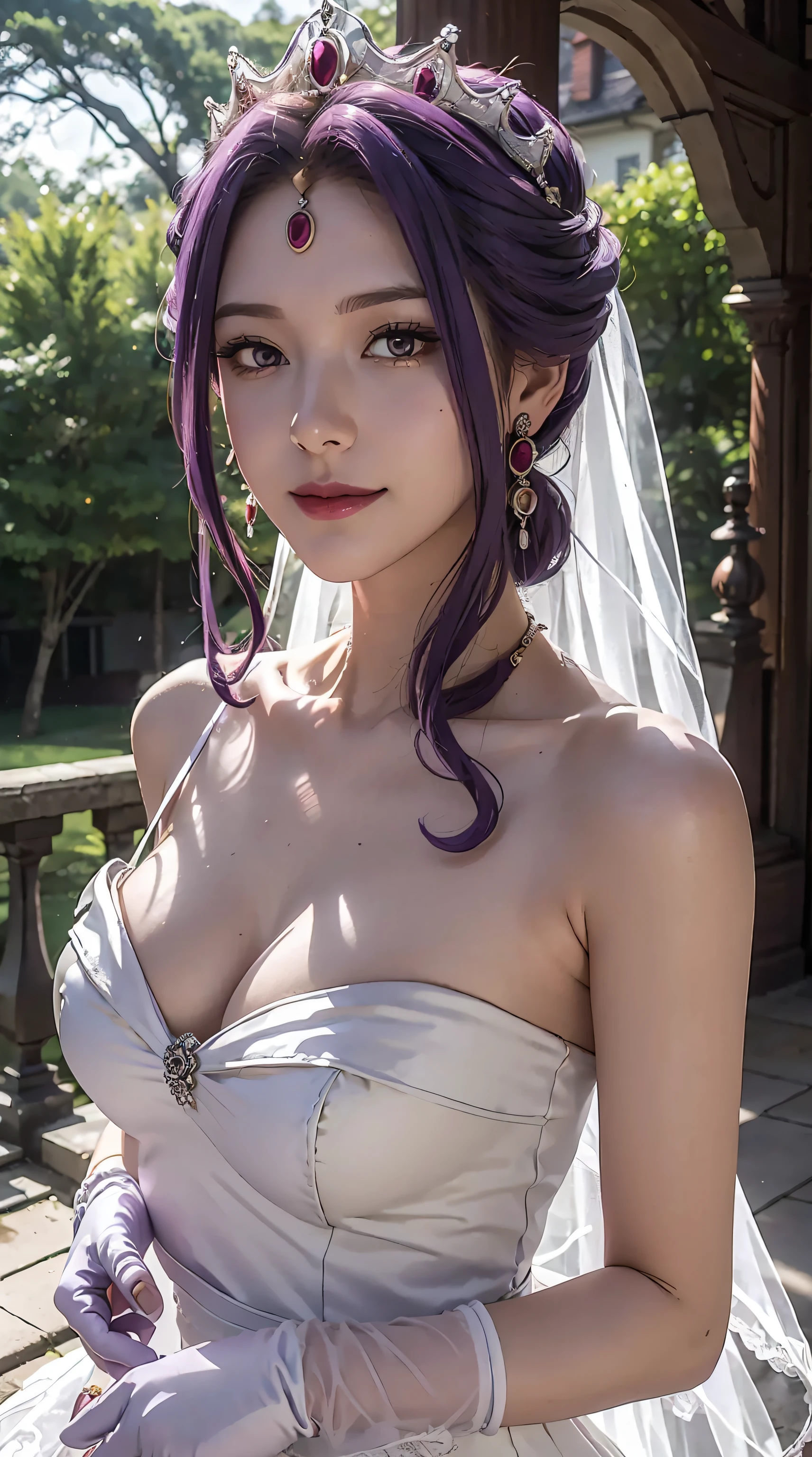 Mirellia_Q_Melromarc, perfect_breasts, purple_hair, purple_eyes, jewelry, earrings, gloves, dress, cleavage, bare shoulders, collarbone, elbow gloves, white gloves, white dress, strapless, tiara, veil, strapless dress, wedding dress, bridal veil, beautiful woman, perfect body, perfect breasts, wearing a wedding dress, ball gown, being in a garden of trees, wedding decorations, looking at the viewer, a slight smile, realism, masterpiece, textured leather, super detail, high detail, quality high, best quality, 1080p, 16k