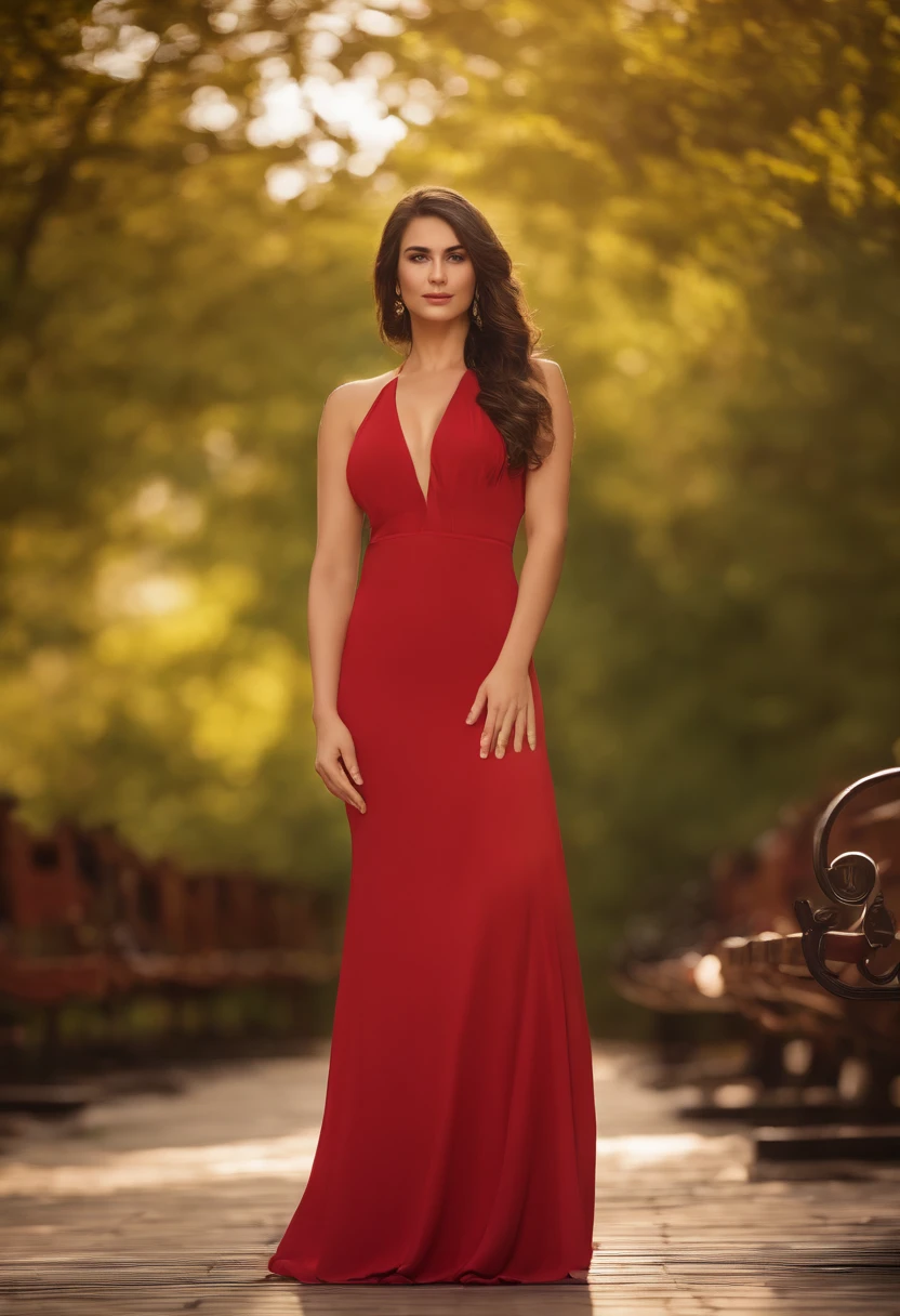 25 years old brunette woman,turkish face, RAW photo, (photorealistic:1.4, realistic), highly detailed CG unified 8K wallpapers, 2girl, ((thick body:0.7)), (clevage, medium breasts), looking at viewer, ((straight from front)), (HQ skin:1.4), 8k uhd, dslr, soft lighting, high quality, film grain, Fujifilm XT3, ((((full body:0.8)))), ((red dress)), (((outdoor, at park))) marshalenathea