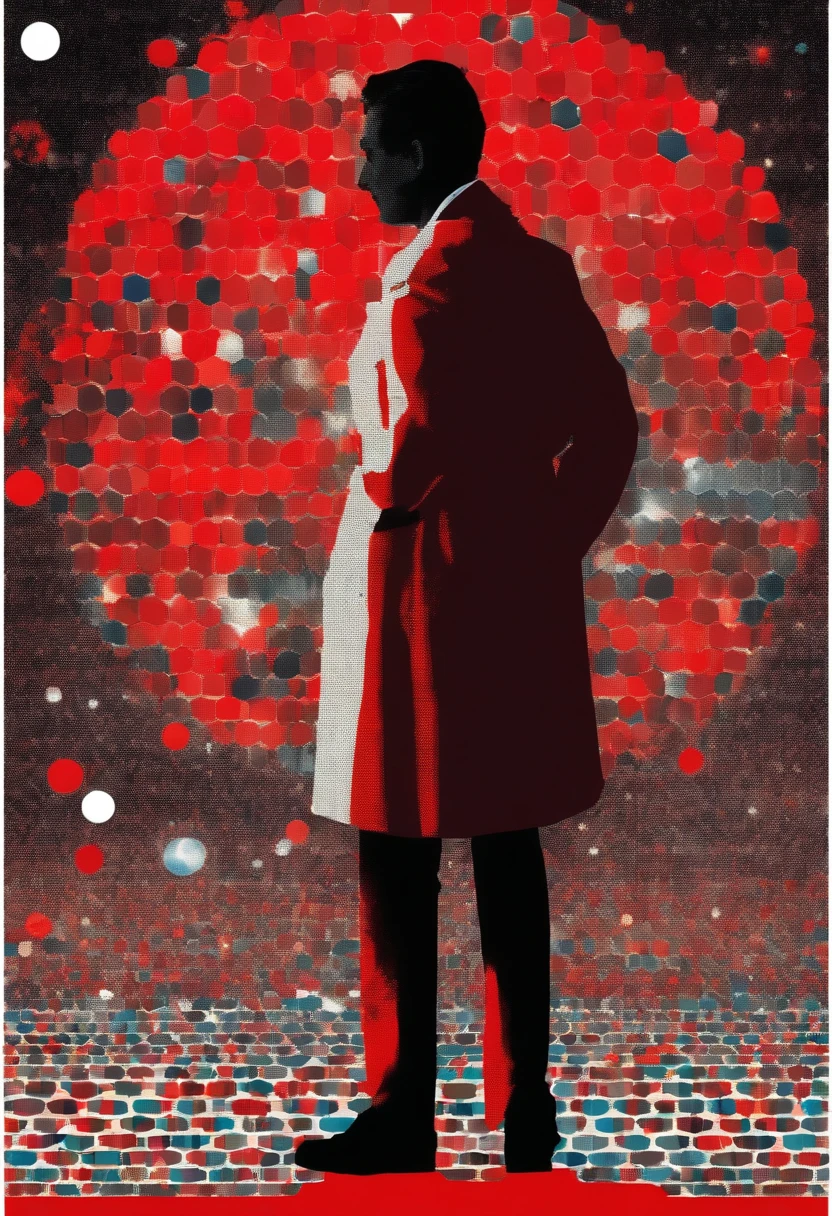 A scientist in a scientific coat turned his back to us,looking at the stars,hard core,Technologie,Red monochrome,USSR Poster,urss,communism