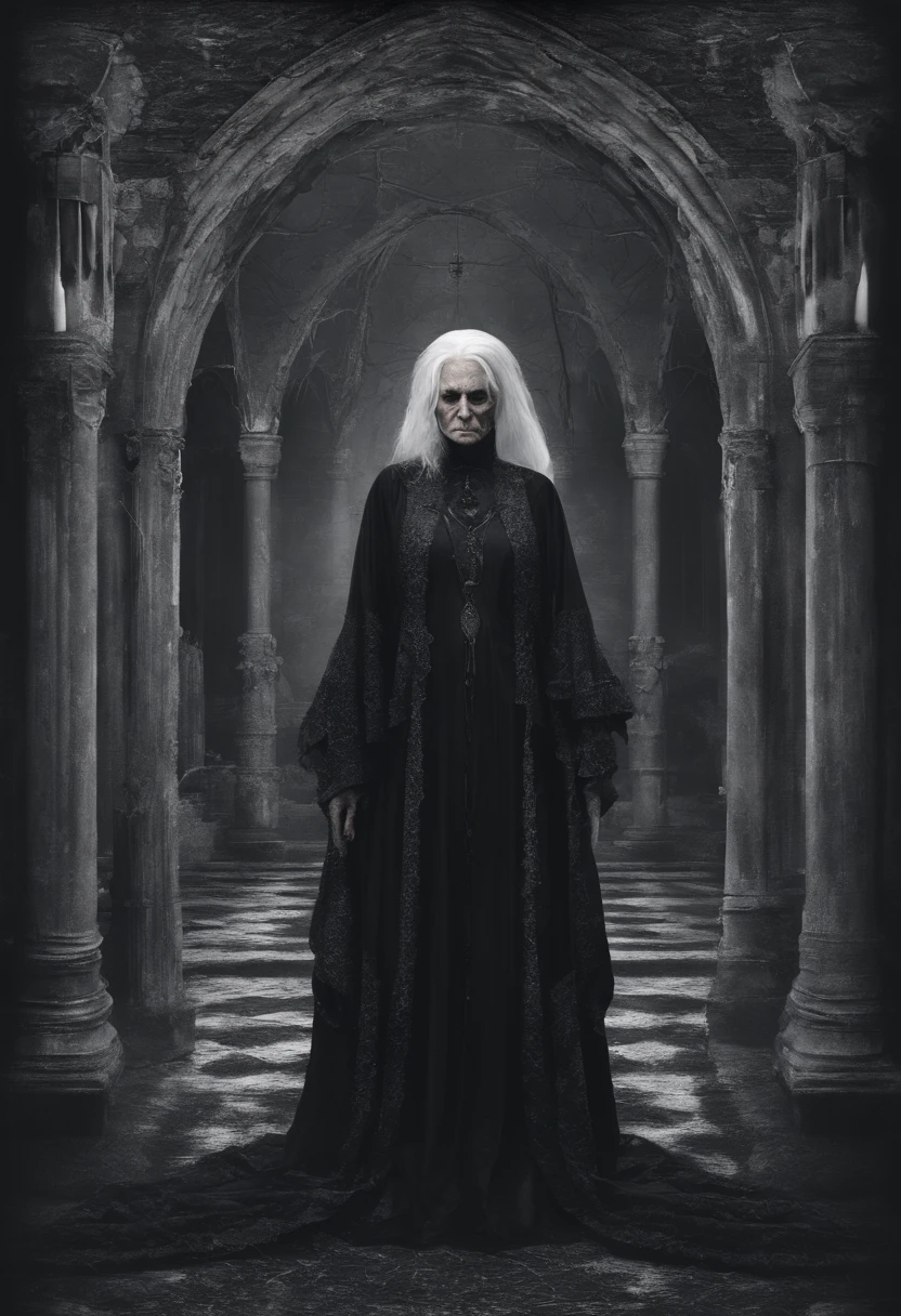 make some 4K animation character, she's a grandma with white hair, around 60 years old, not to really creepy face and mysterious background vibes