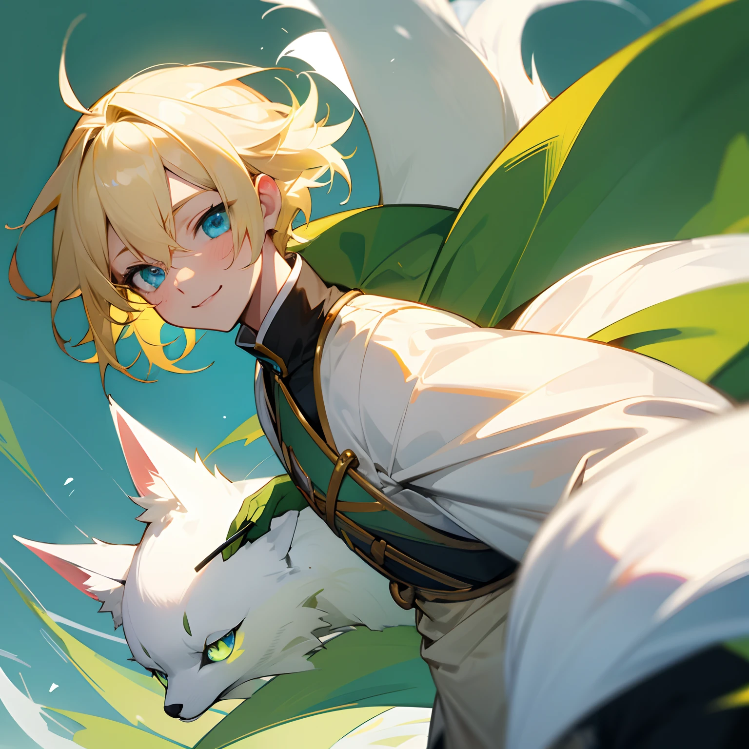 blond hair, green eyes, man, cute, happy, jolly, sprightly, holding blue eyed white fox