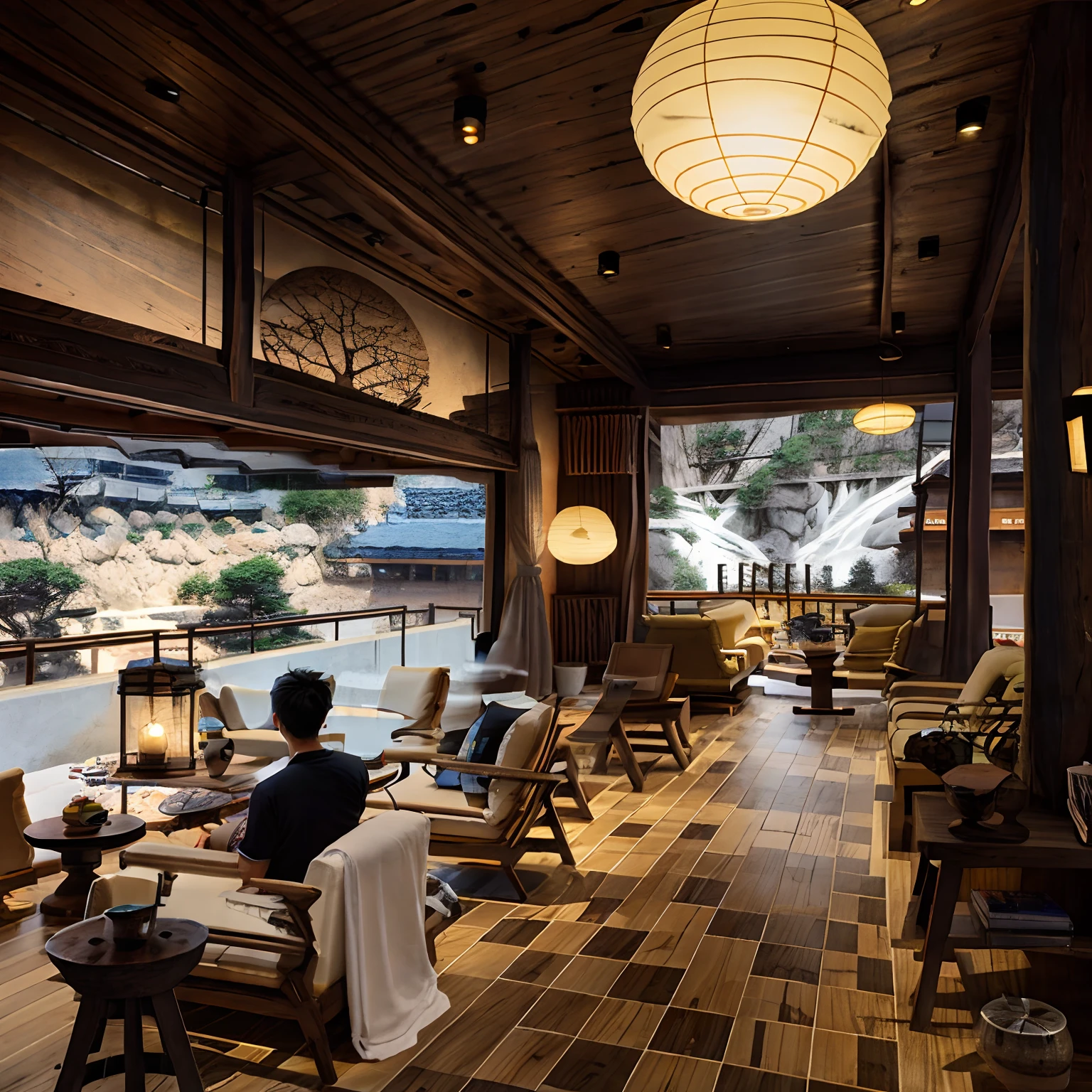 There is a long lounge，There are three windows on the left wall，Lots of tables and chairs inside, luxurious environment, author：Tan Yang Kano, brightly lit - style atmosphere, lounge background, cozy and peaceful atmosphere, enscape render, , high-end onsen, Detailed scenery —width 672, gourmet restaurant, author：Chass is silent, Cafe interior