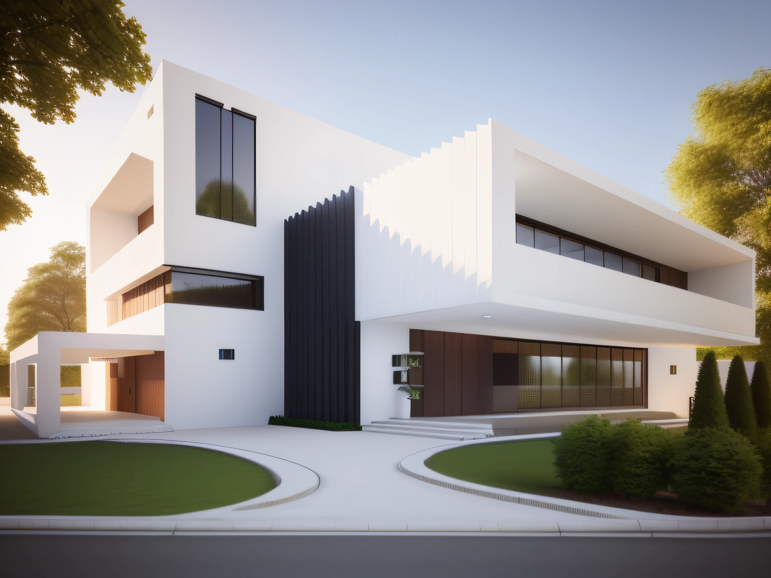 render as 3D design perspective of the facade, the house facade has a classic style, the main color of the house is white