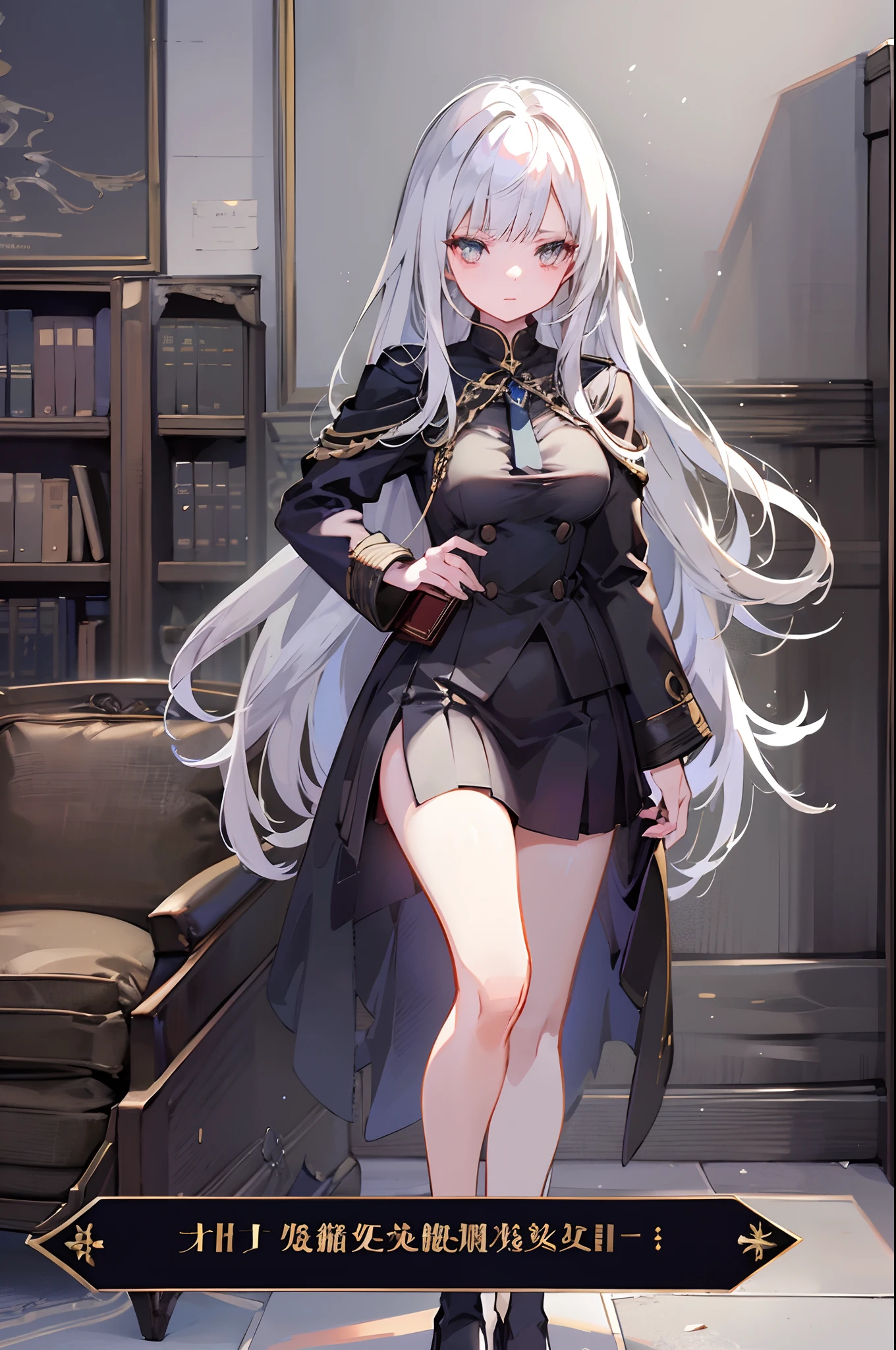 animesque、top-quality、hight resolution、Standing picture、a beauty girl、femal、Academy black clothes with school caps、Glossy detailed gray hair long、Decoration luxury black military uniform、I have a spellbook、Library Committee Member、deadpan、no feelings、Elegant、Gorgeous、elegent、A sexy、goodlooking