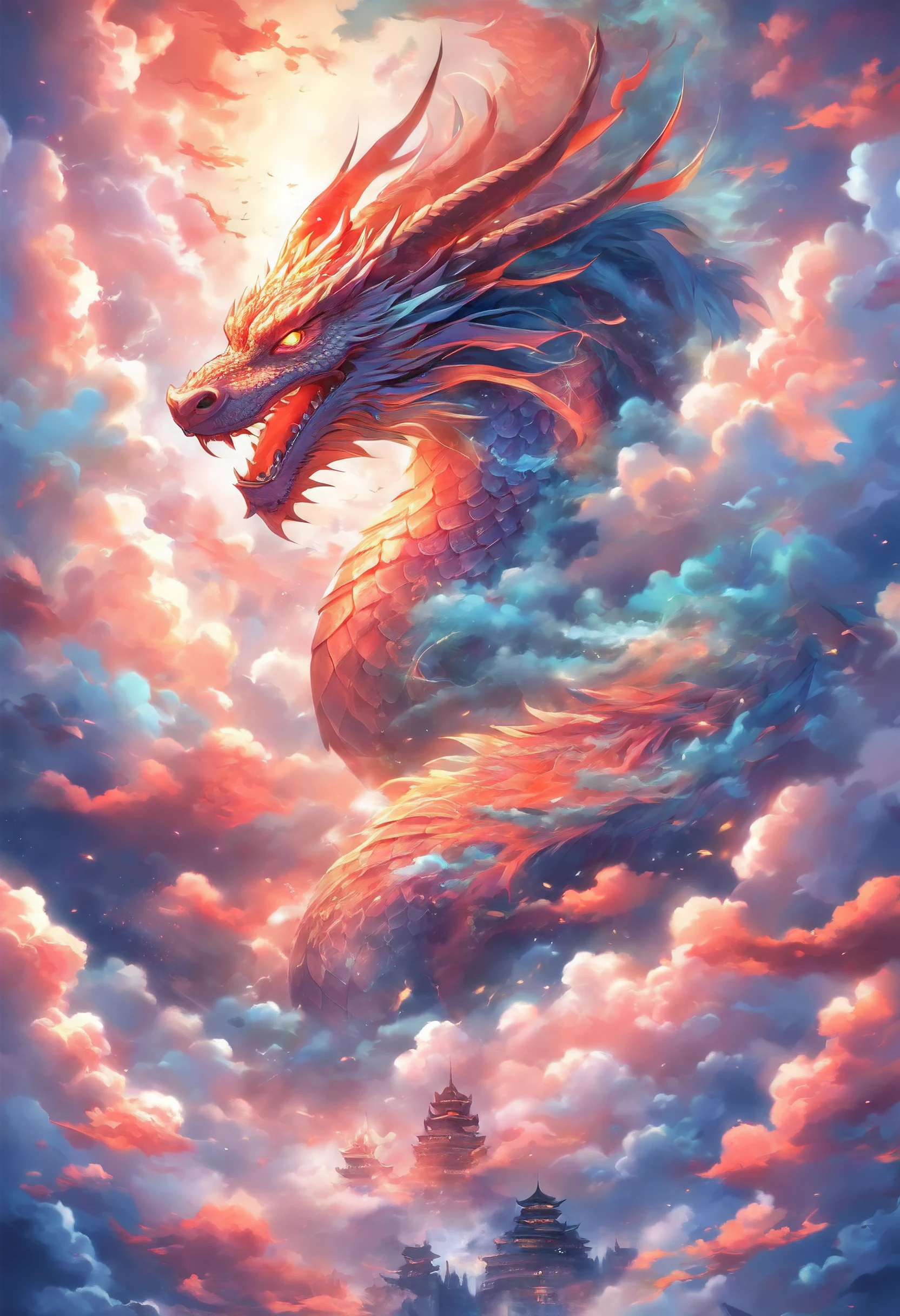 Create an image of a dragon in the clouds, with a magnificent, awe-
inspiring presence and a sense of mystery and wonder.