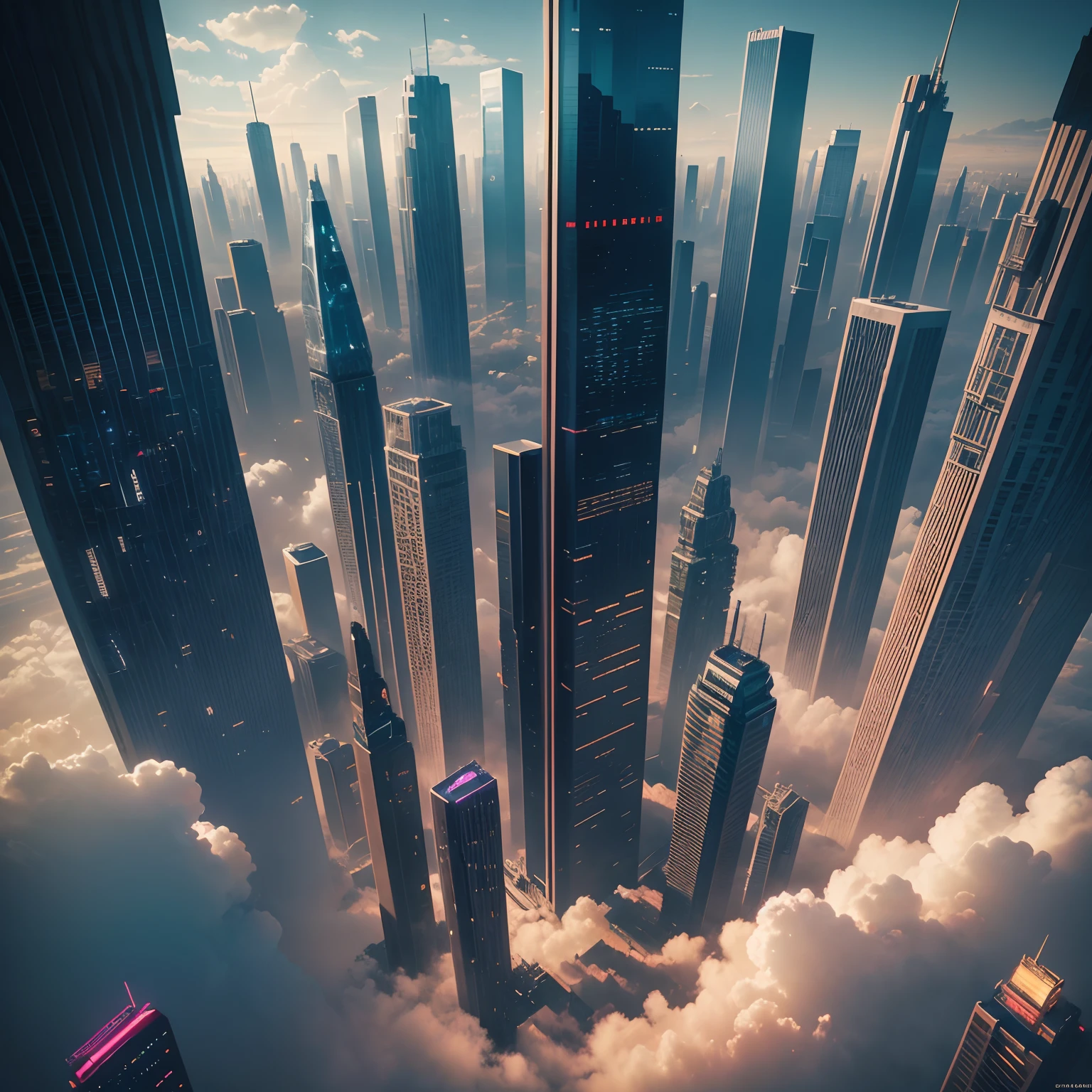 SFDrawn in the world、Rows of glass-walled skyscrapers at a height that pierces through the clouds、Cyberpunk city,masterpiece,8K,epcot,planet earth,Space City,dream,The height of the building10There are times,超A high resolution,Masterpiece,