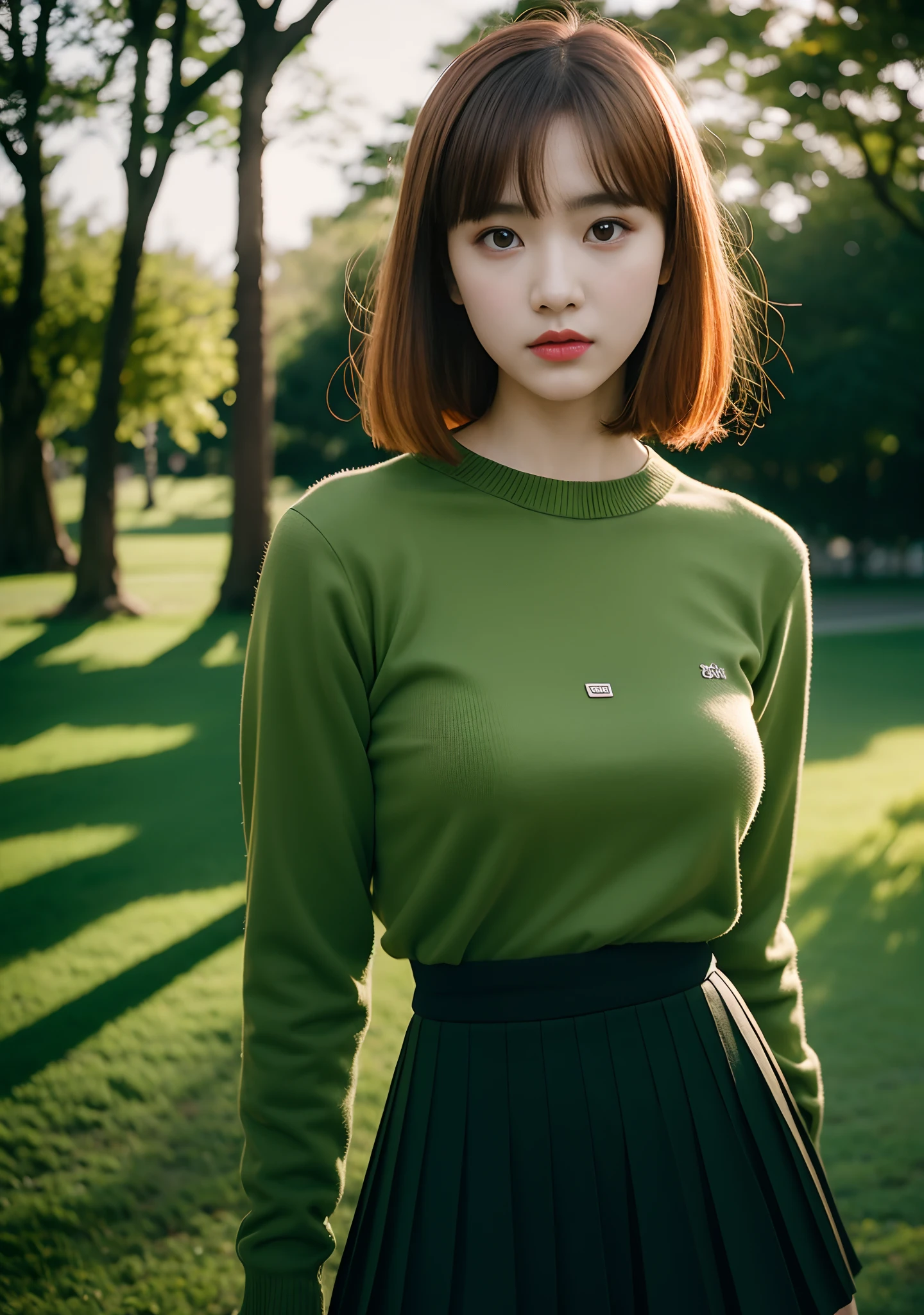 Lovely schoolgirl,Green Long Sleeve Blouse, Black pleated skirt, Perfect face, Korean female, 18 years old, Red hair, Pixie Hair, (huge tit), tall, athletic bodies, Park, stripper, Backlighting, (Photorealistic), (masutepiece),(Ultra Real)(8K),Contest Winning Masterpieces, taken with sony alpha 9, shot on sony a 7 iii, captured on canon eos r 6, shot with Canon EOS R 5, photographed in a Canon EOS R5, masterpiece work of art,