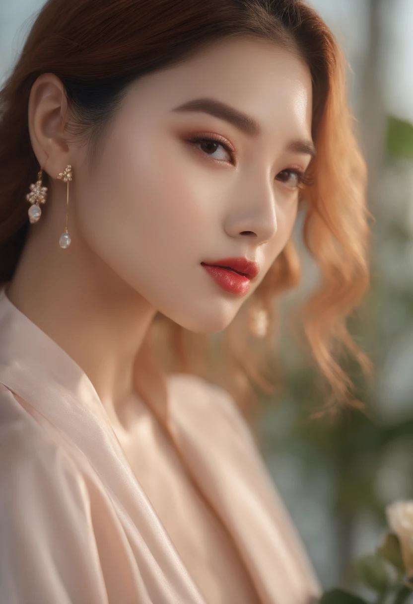 (8k, RAW photo, photorealistic:1.25) ,( lipgloss, eyelashes, gloss-face, glossy skin, best quality, ultra highres, depth of field, chromatic aberration, caustics, Broad lighting, natural shading,Kpop idol) looking at viewer with a serene and goddess-like happiness,