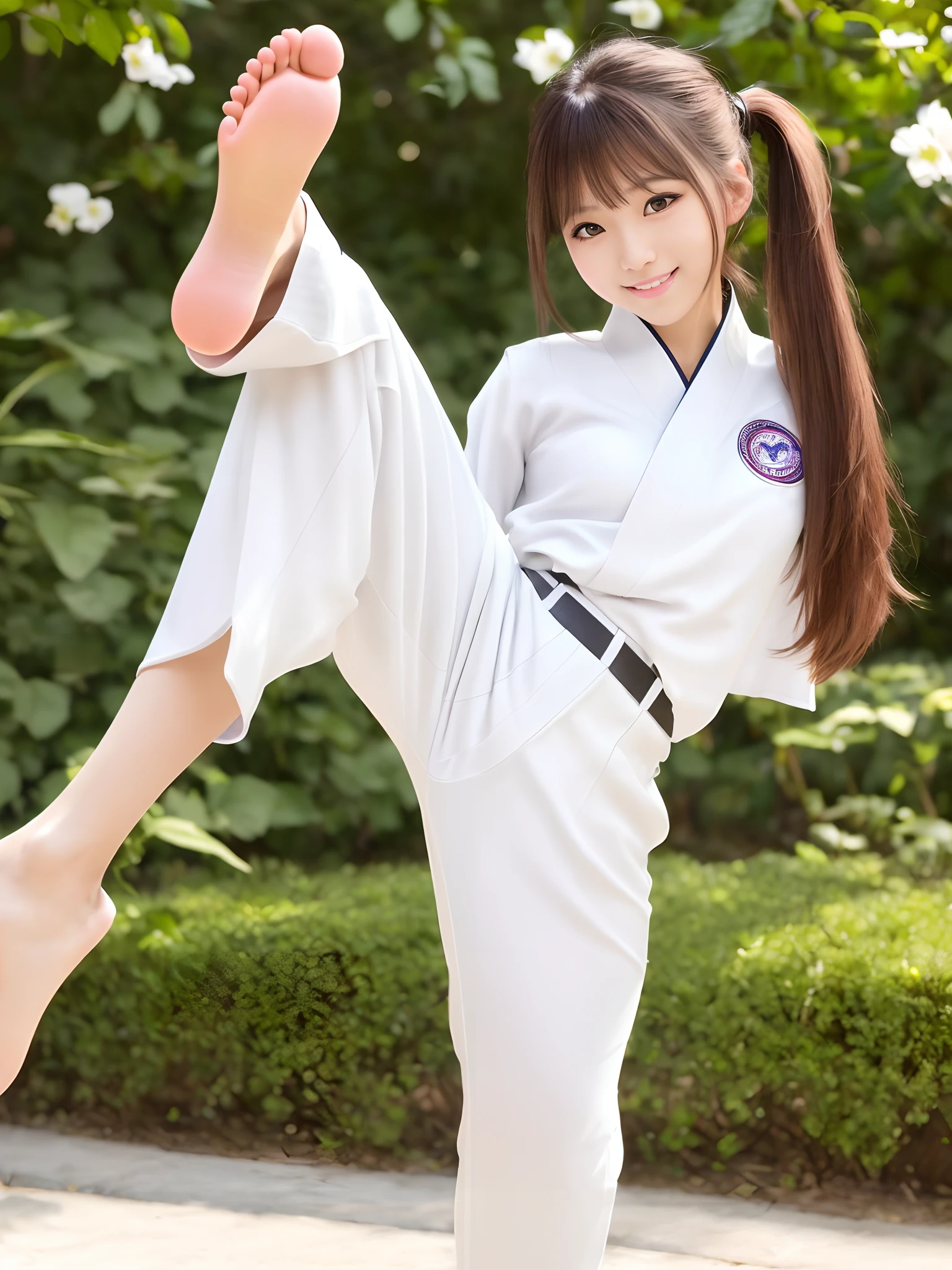 (Photorealsitic)(sixteen years old), Perfectly beautiful woman, (Full body 8K portrait), Large and dynamic hand and foot movements, White Karate Uniform, White karate pants, Large bust,Stand alone, Large and dynamic hand and foot movements, Make a high side kick, Correct skeleton, Perfect facial detail, (Smile: 1.15), attractive beautiful face, gazing at viewer, a small face, 二重まぶた, Beautiful detailed eyes, long eyeslashes, ligh brown hair, poneyTail, Toned waist, Beautiful thin legs, toned ankles, bare-legged ,TOKYOcty