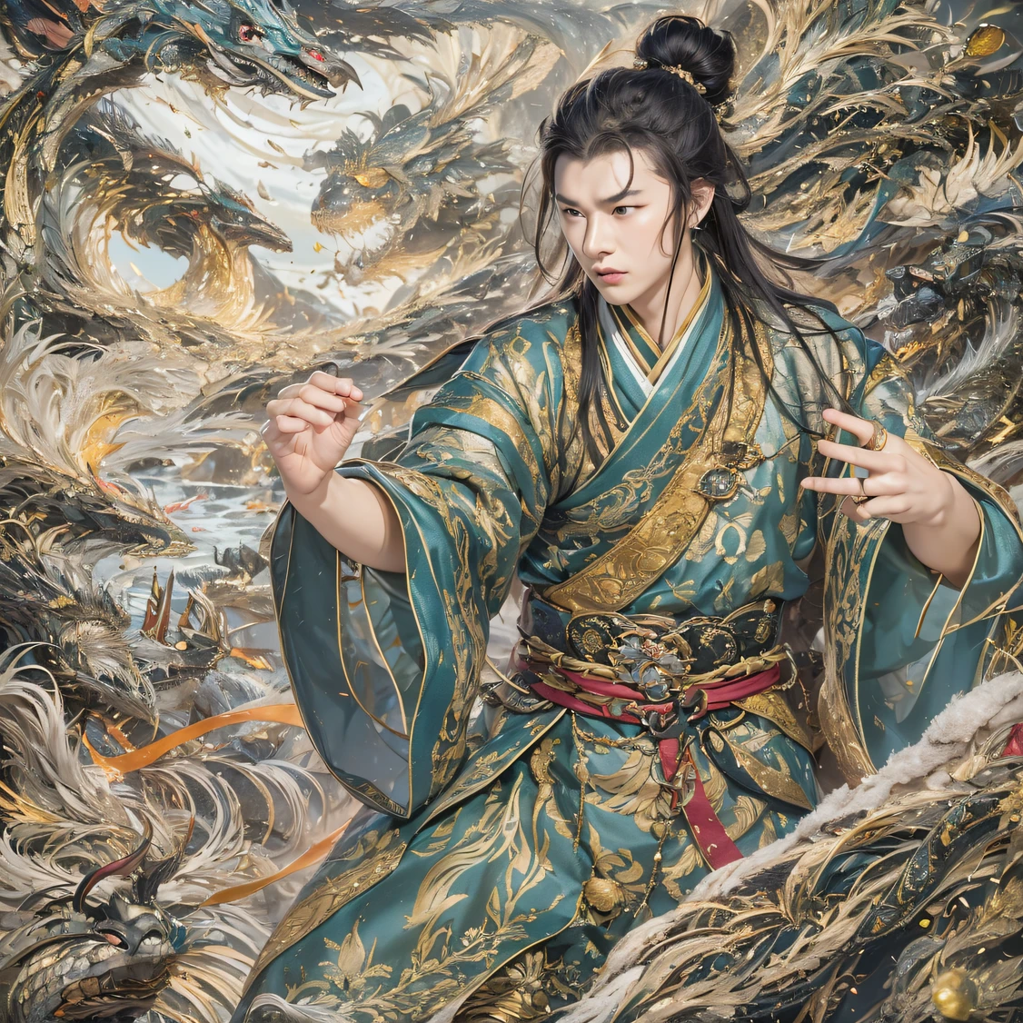 Fly into the fairy realm, Chance encounter with Liu Hanshu, He saw in him his former self, It was decided to take him as an apprentice, Teach him how to protect himself, But because of the Tibetan star map, He established relationships with the Liu family and the Jade Sword Sect, It opens with the death of Liu Hanshu, Qin Yu embarked on the road of confrontation with a strong enemy, Working hard, Make yourself stronger, Stick to your own core path of justice, I also want to protect the people I care about, The three brothers took off, And embarked on a long journey to find a good brother, Qin Yu, Where are Xiao Hei and Hou Fei（canyons）Climb the streets（Doomsday Stream）eyes filled with angry，He clenched his fists，Rush up，Deliver a fatal blow to your opponent，full bodyesbian，Full Body Male Mage 32K（Masterpiece Canyon Ultra HD）Long flowing black hair，Campsite size，zydink， The wounded lined up in the streets（canyons）Climb the streets， The scene of the explosion（canyons）， （Linen batik scarf）， Angry fighting stance， looking at the ground， Batik linen bandana， Chinese python pattern long-sleeved garment， canyons（Abstract propylene splash：1.2）， Dark clouds lightning background，Flour flies（realisticlying：1.4），Black color hair，Flour fluttering，rainbow background， A high resolution， the detail， RAW photogr， Sharp Re， Nikon D850 Film Stock Photo by Jefferies Lee 4 Kodak Portra 400 Camera F1.6 shots, Rich colors, ultra-realistic vivid textures, Dramatic lighting, Unreal Engine Art Station Trend, cinestir 800，Flowing black hair,（（（Jungle Canyon）））The wounded lined up in the streets（vale）Climb the streets，Movie master real-time image quality