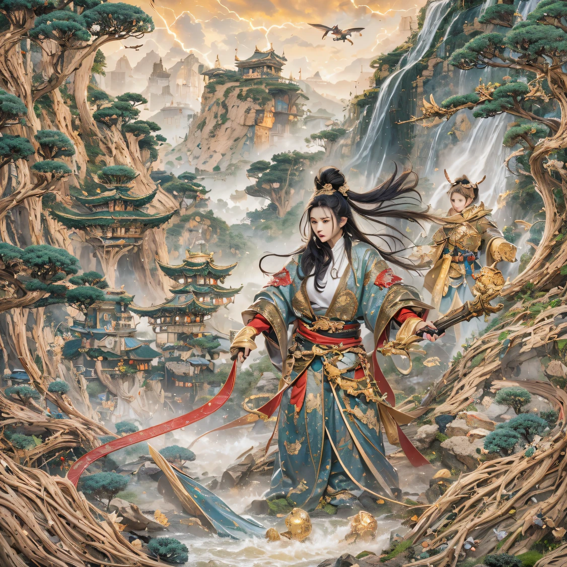 Fly into the fairy realm, Chance encounter with Liu Hanshu, He saw in him his former self, It was decided to take him as an apprentice, Teach him how to protect himself, But because of the Tibetan star map, He established relationships with the Liu family and the Jade Sword Sect, It opens with the death of Liu Hanshu, Qin Yu embarked on the road of confrontation with a strong enemy, Working hard, Make yourself stronger, Stick to your own core path of justice, I also want to protect the people I care about, The three brothers took off, And embarked on a long journey to find a good brother, Qin Yu, Where are Xiao Hei and Hou Fei（canyons）Climb the streets（Doomsday Stream）eyes filled with angry，He clenched his fists，Rush up，Deliver a fatal blow to your opponent，full bodyesbian，Full Body Male Mage 32K（Masterpiece Canyon Ultra HD）Long flowing black hair，Campsite size，zydink， The wounded lined up in the streets（canyons）Climb the streets， The scene of the explosion（canyons）， （Linen batik scarf）， Angry fighting stance， looking at the ground， Batik linen bandana， Chinese python pattern long-sleeved garment， canyons（Abstract propylene splash：1.2）， Dark clouds lightning background，Flour flies（realisticlying：1.4），Black color hair，Flour fluttering，rainbow background， A high resolution， the detail， RAW photogr， Sharp Re， Nikon D850 Film Stock Photo by Jefferies Lee 4 Kodak Portra 400 Camera F1.6 shots, Rich colors, ultra-realistic vivid textures, Dramatic lighting, Unreal Engine Art Station Trend, cinestir 800，Flowing black hair,（（（Jungle Canyon）））The wounded lined up in the streets（vale）Climb the streets，Movie master real-time image quality