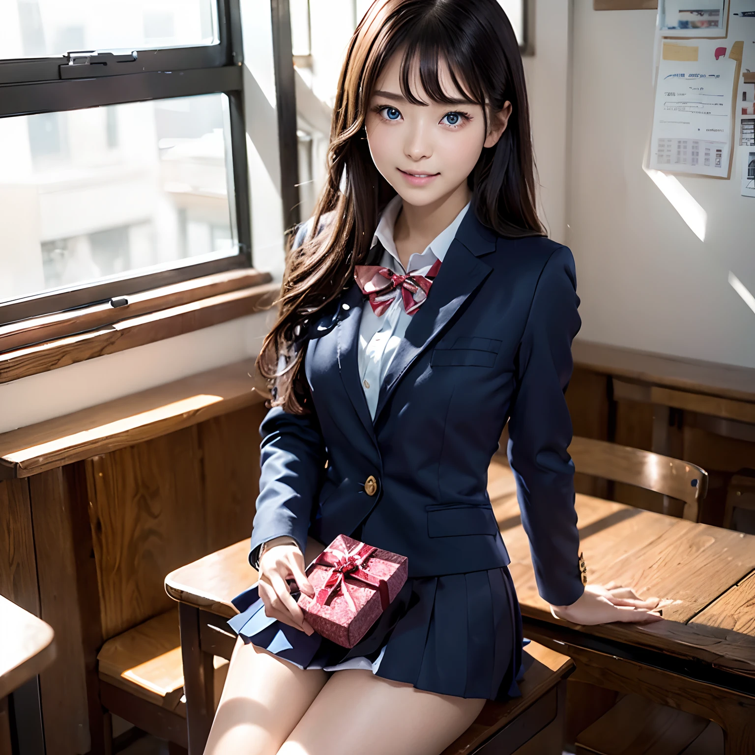(masutepiece:1.3), 8K, top-quality, masterpiece, 超A high resolution, (Photorealsitic:1.4), Perfect dynamic composition, Highly detailed skin and eye and face texture:1.3, inside a classroom, 1girl in, cute sexy high schoolgirl, tilt the neck, ((I like you furiously:1.35)), Fair skin, ((High School Girl Blazer Uniform:1.3, Open valley:1.08)), Beautiful blue eyes, Eyes that feel beautiful eros:0.6, (I'm crying because I'm glad to see you:1.25, Hold the gift box in front of your chest with both hands:1.2), Sexy face:0.4, red blush:1.1, A mouthfeel that feels beautiful eros:1.1, Duck mouth, Well-shaped big:0.4, beauty legs, (Too erotic:1.08)