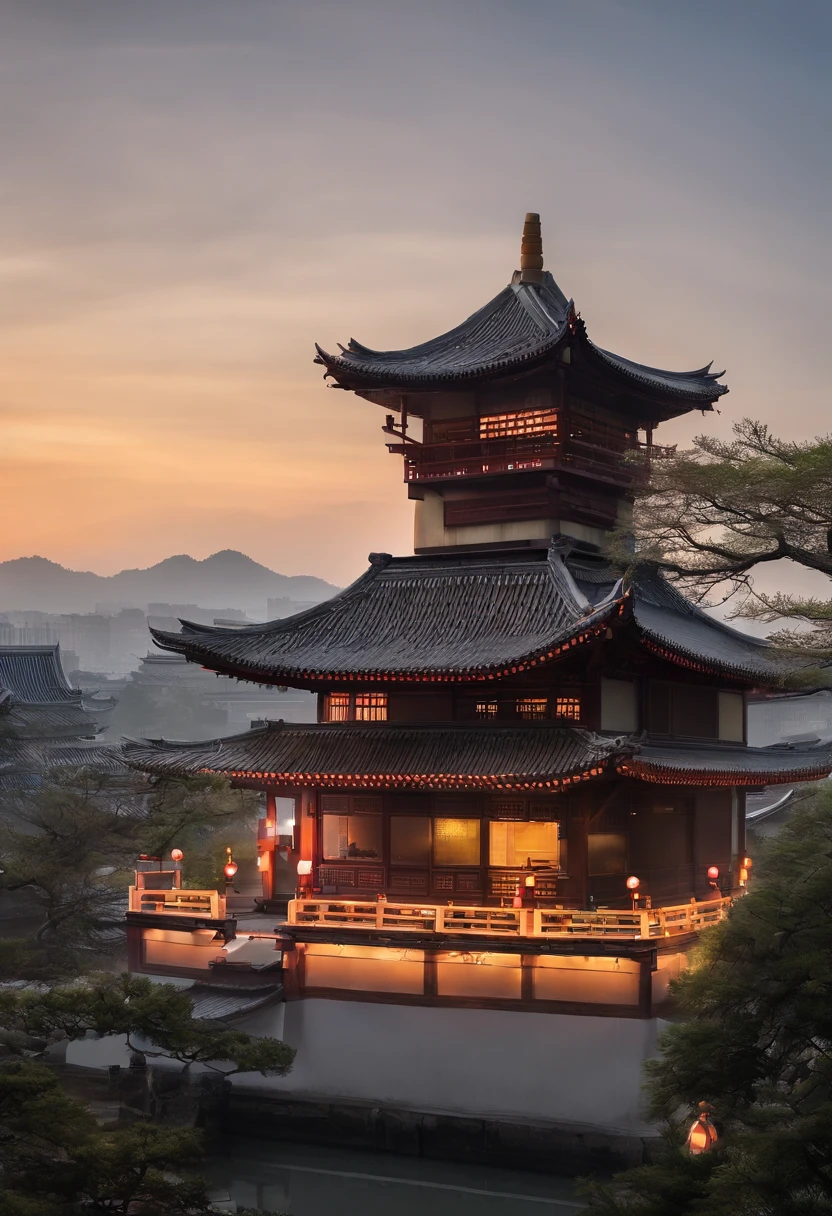 There are central buildings surrounded by six outbuildings, all with different styles,（Paper carving：1.5）,viewed from bird's-eye，Soft lighting，Oriental elements，Dreamy，white colors，golden colored，Traditional Chinese color scheme，reasonable design，Clear lines，High sharpness，Best quality，Very detailed，Masterpiece，offcial art，movie light effect，4K