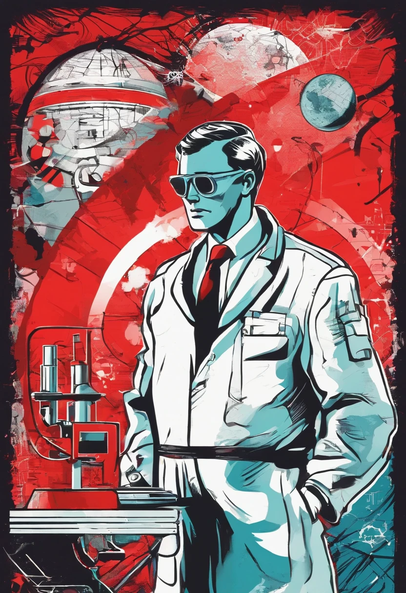 A scientist in a scientific coat turned his back to us，looking at the stars，hard core，Technologie，Red monochrome,USSR Poster,urss,communism
