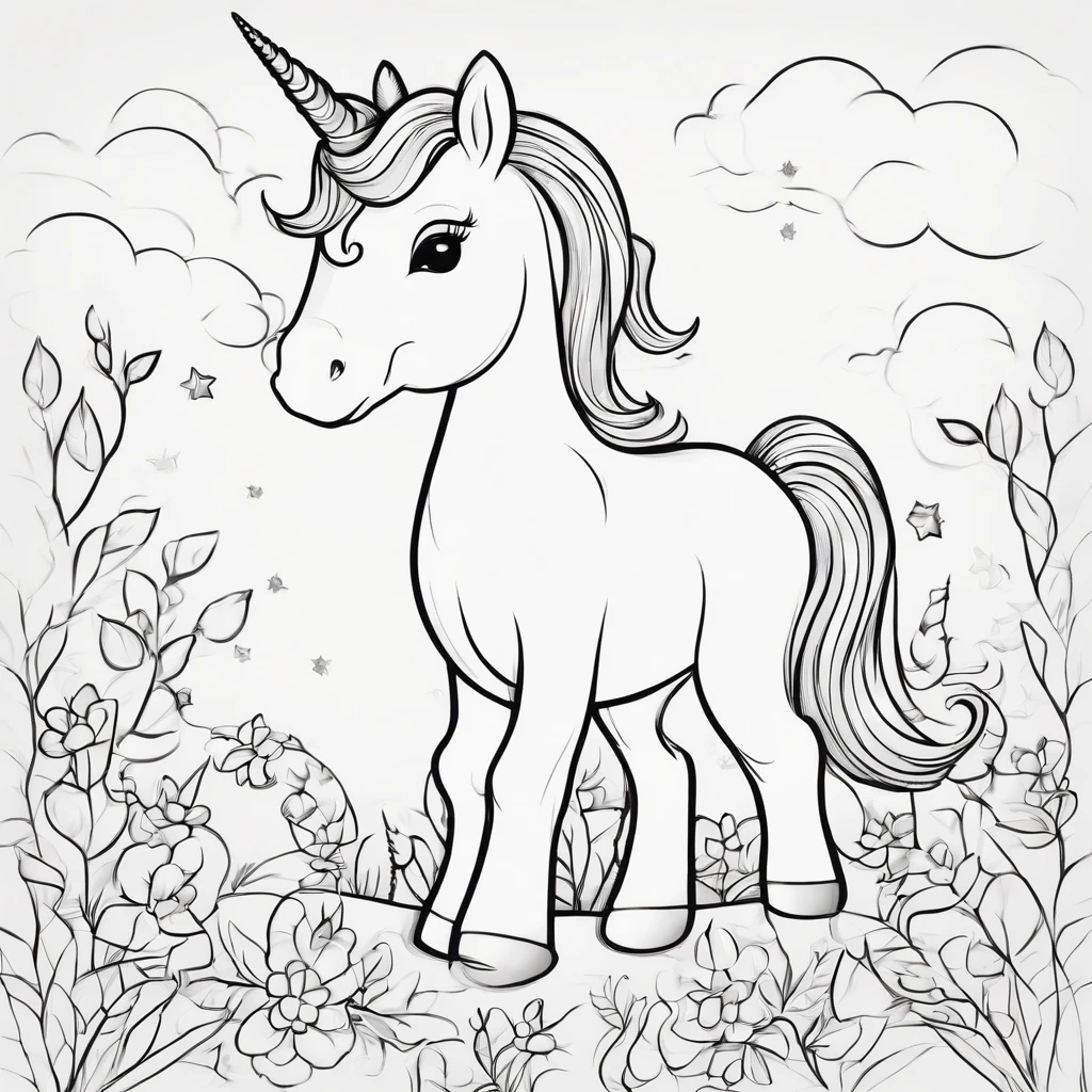 Cute unicorn cartoon style, Line drawing background, White background, monochrome, line-drawing, ((sketch)), Baby Coloring Thick lines sharpened.