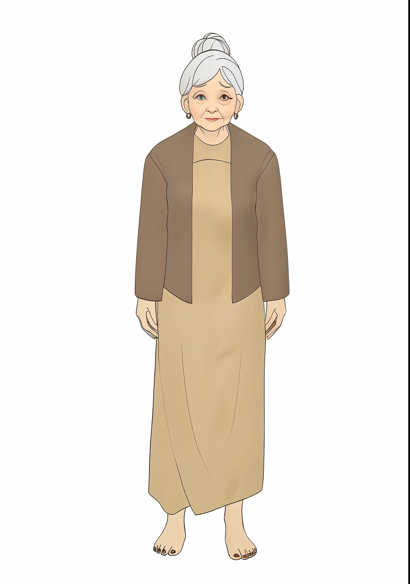 ((an old woman wearing brown clothes and a brown vest, white hair tied), (wrinkled face with a tired expression), flat chested, ((not wearing a jacket and not wearing jaz))), ((no tie), (no shoes)), thin, 3d style rendering, octane render, 3d cartoon, full body, potrait,