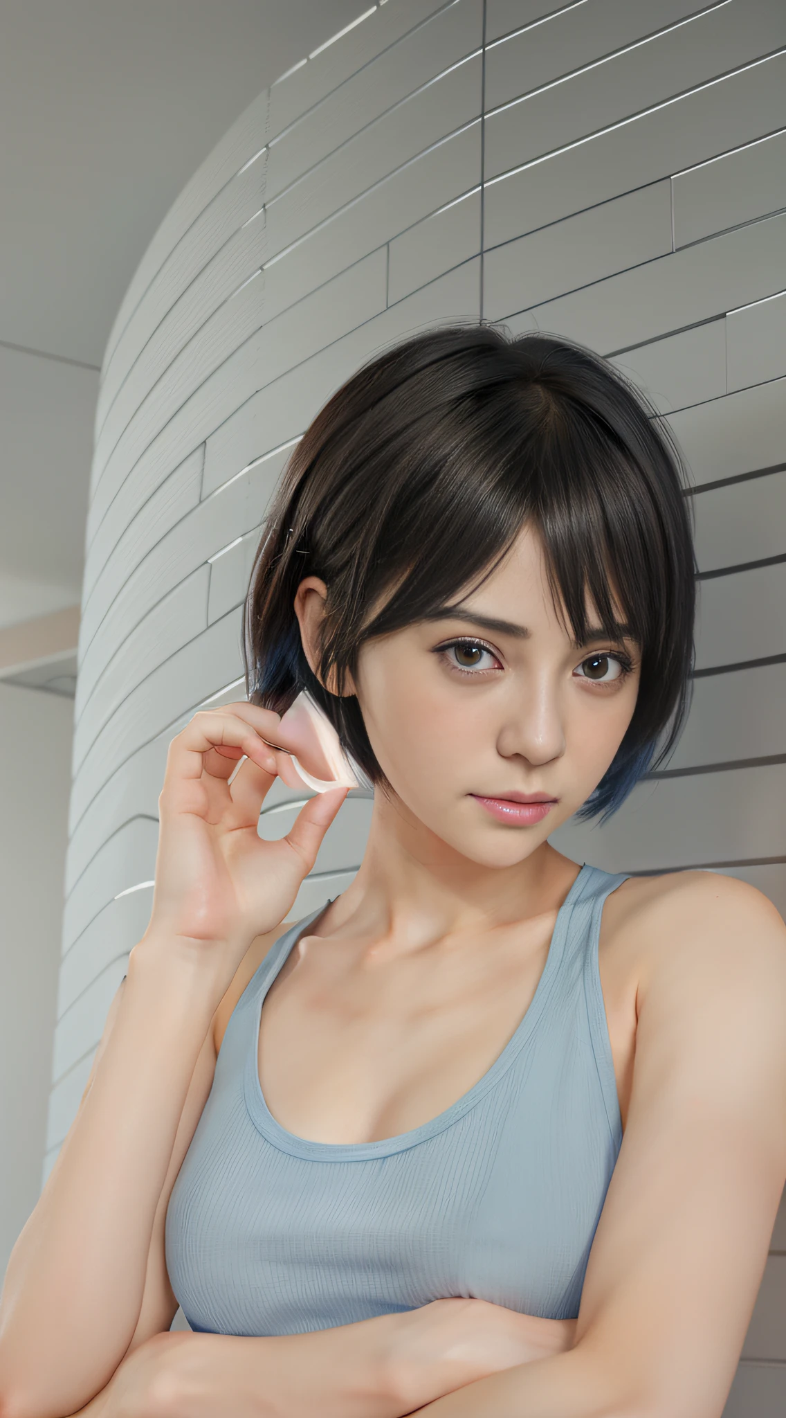 anime girl with short hair and blue tank top posing for a picture, realistic anime 3 d style, anime realism style, smooth anime cg art, anime style. 8k, semirealistic anime style, anime styled 3d, realistic anime artstyle, artwork in the style of guweiz, realistic artstyle, 3 d anime realistic, realism artstyle, 🤤 girl portrait