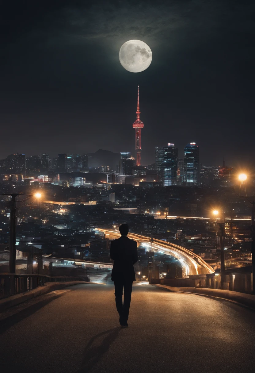 Album cover design description:
1. **Basic background**: South Korea, Blur city night view. The light of the car, Flickering buildings, The city's demolition, And the moon rising in the distance forms the background.
2. **centered image**: One character(South Korean)This stands with its back turned. His shoulders seem a little heavy, but, Above his head are shining stars, It gives the impression of a subtle glow.
3. **Bottom image**: At the feet of the figure, a broken clock and a broken hourglass are visible., It symbolizes the passage of time and the responsibility that comes with it.
4. **Title and Artist Name**: At the top of the album is a large "My Time" Put the title. Underneath, the artist's name appears subtly.
5. **Text Design**: "Woooooo" The lyrics of the part are small between the buildings in the background, It is designed to sparkle like a light.
6. **Colors**: The colors of the album as a whole add a bit of vintage tones, creating a melancholy yet warm feeling.
This album cover is about life's difficulties and responsibilities, And expressing the importance of that period,, Against the backdrop of the night view of the city, it conveys a message about one's own time and the value of the moment.