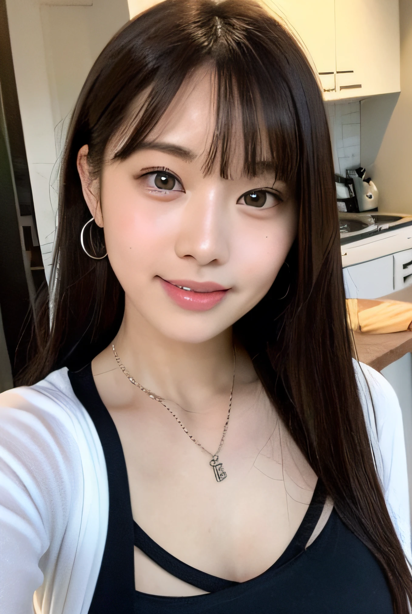 (top-quality、8K、tmasterpiece:1.3)、Beautiful Women in Perfect Figure:1.4、Dark brown hair、Wearing a pendant、Wearing a simple pink ruffled apron、In a kitchen、extremely detailed face and skin、A detailed eye、二重まぶた、Colossal tits、A smile, Exposing breasts、Transparent clothing、low tune、pureerosfaceace_V1、Tsundere smile、Long、Black shawl straight hair、46-point diagonal bangs、fully body photo、From S、Looks mean