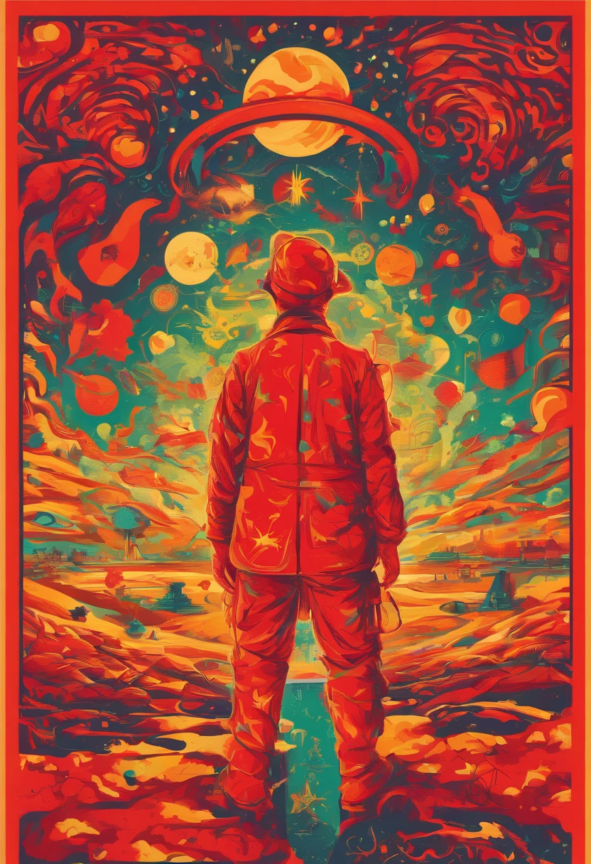 A scientist in a scientific coat turned his back to us,looking at the stars,hard core,Technologie,Red monochrome,USSR Poster,urss,communism